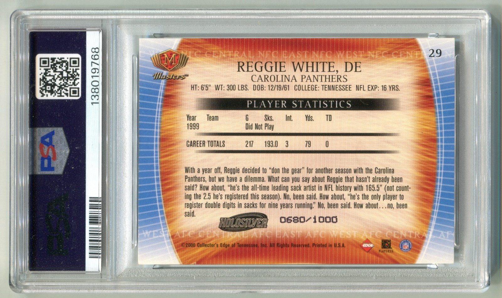 2000 Collector’s Edge Masters #29 Reggie White HoloSilver Serial #’d /1000