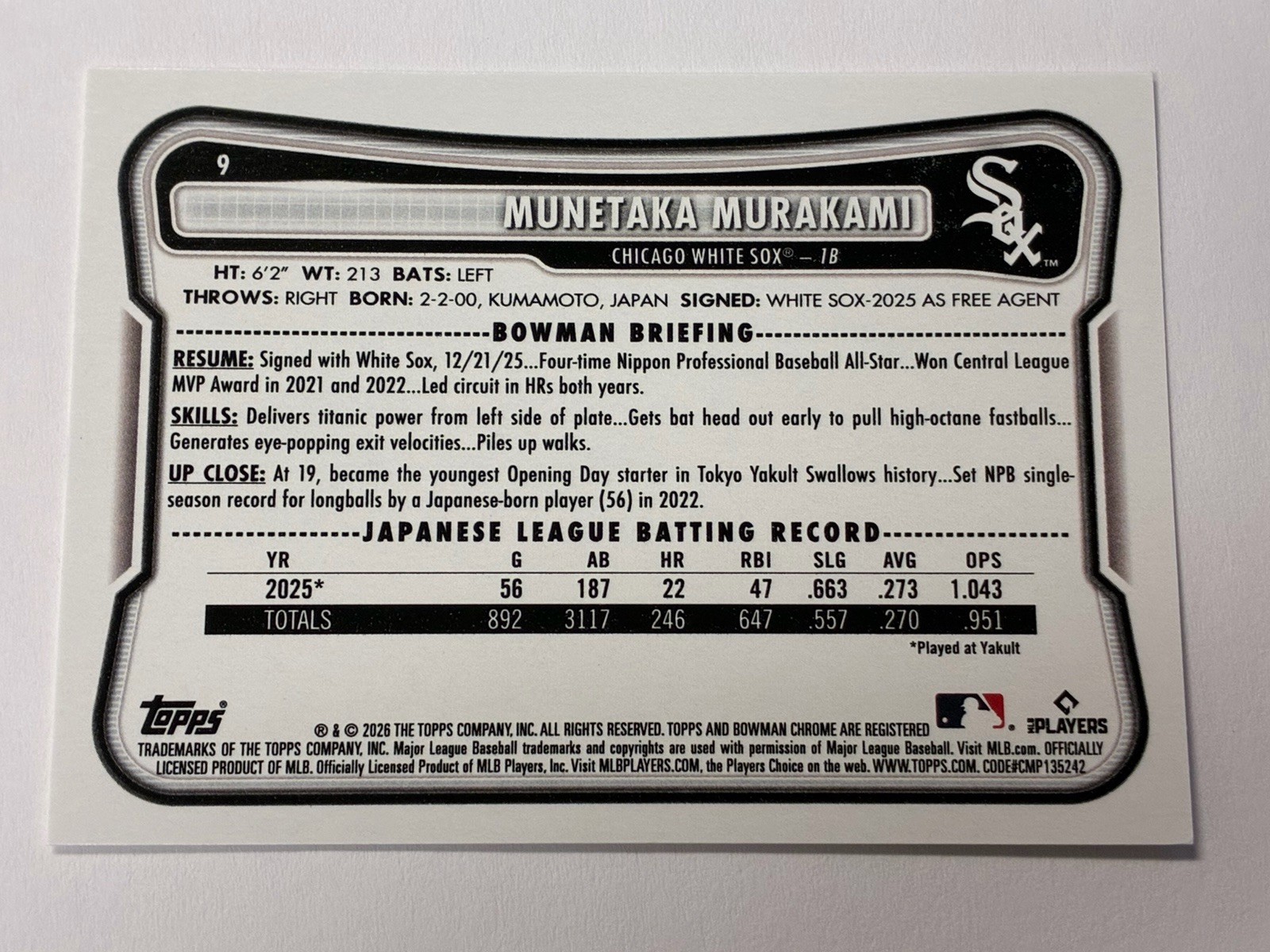 2026 Bowman Baseball Munetaka Murakami #9 RC Paper Chicago White Sox Rookie