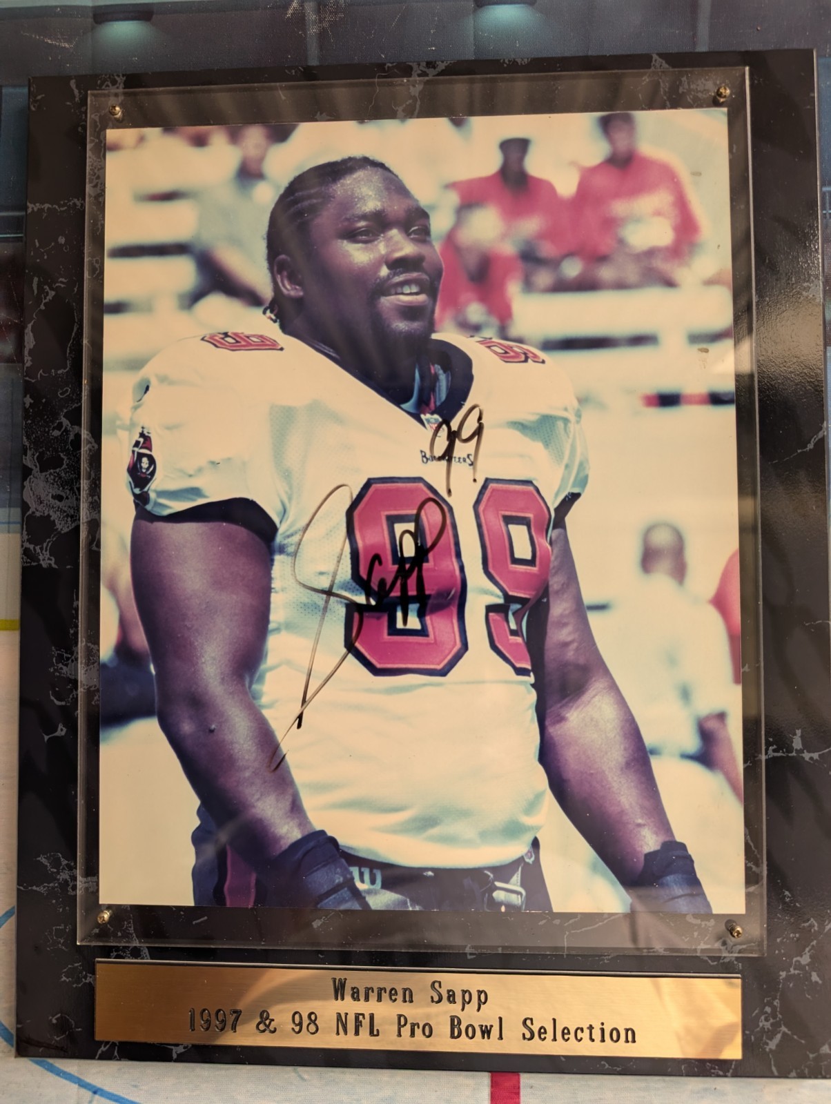 NFL Tampa Bay Buccaneers HoF Warren Sapp Signed 8×10 Football Photo On Plaque