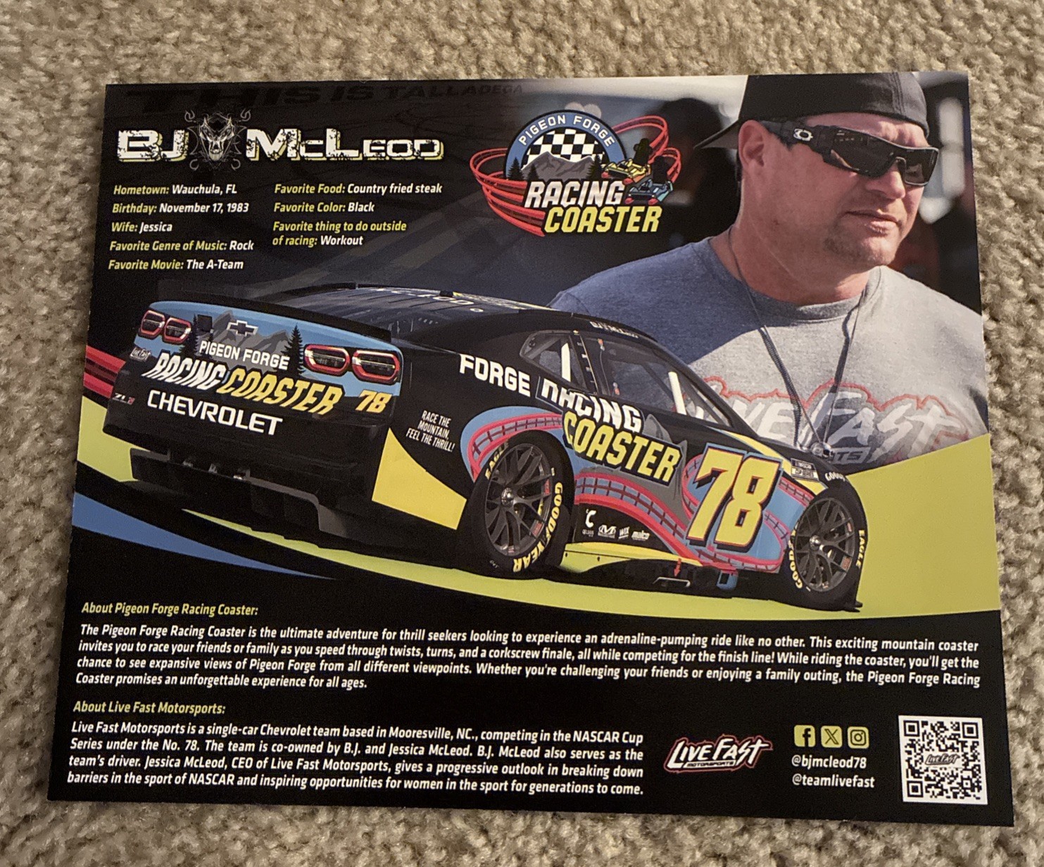 NASCAR Driver #92 BJ McLeod Racing Coaster 2026 Autographed Postcard