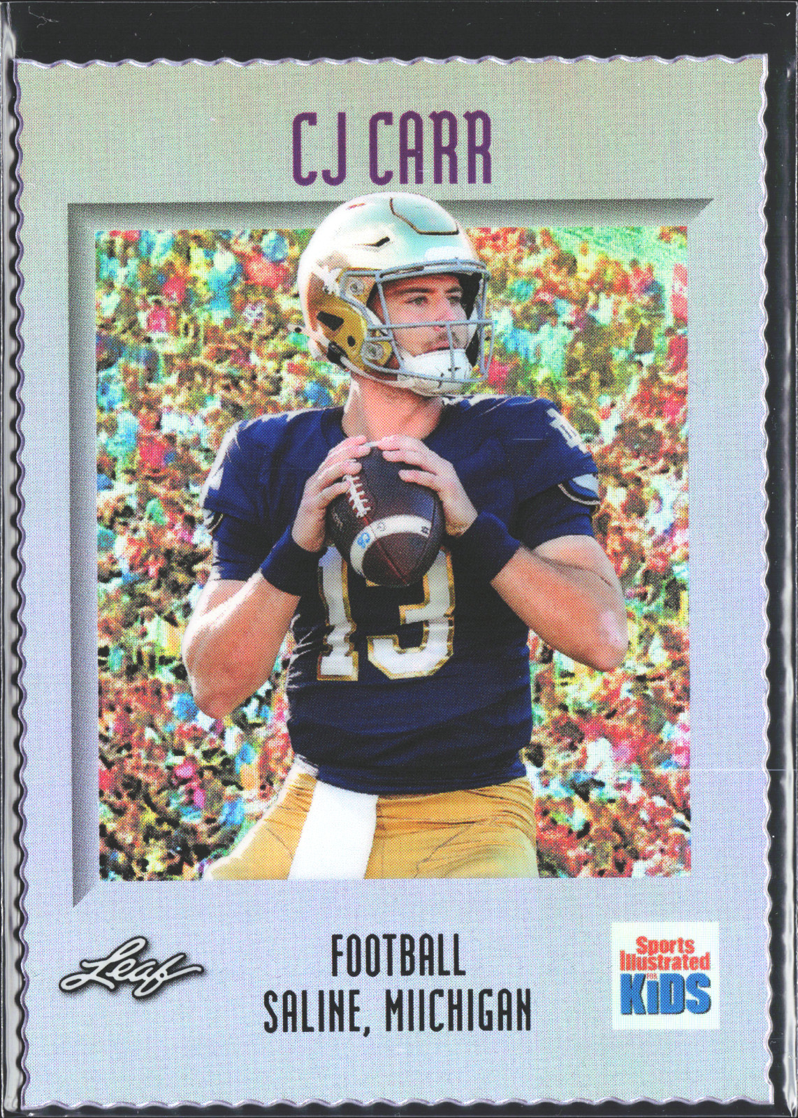 CJ Carr Football Card Short Print /375 Made SI For Kids METAL Leaf Notre Dame