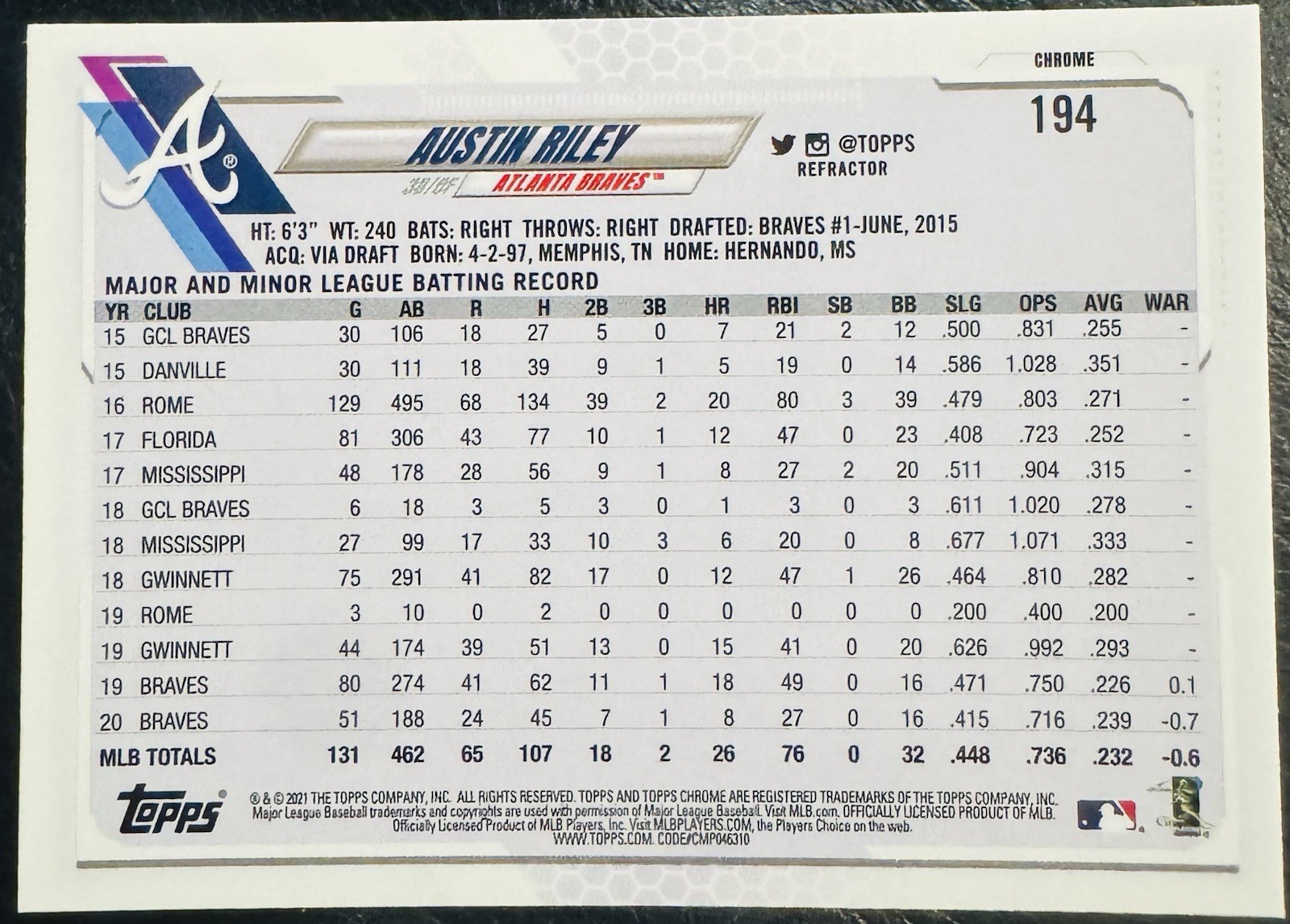 2021 Topps Chrome Refractor #194 Austin Riley Atlanta Braves
