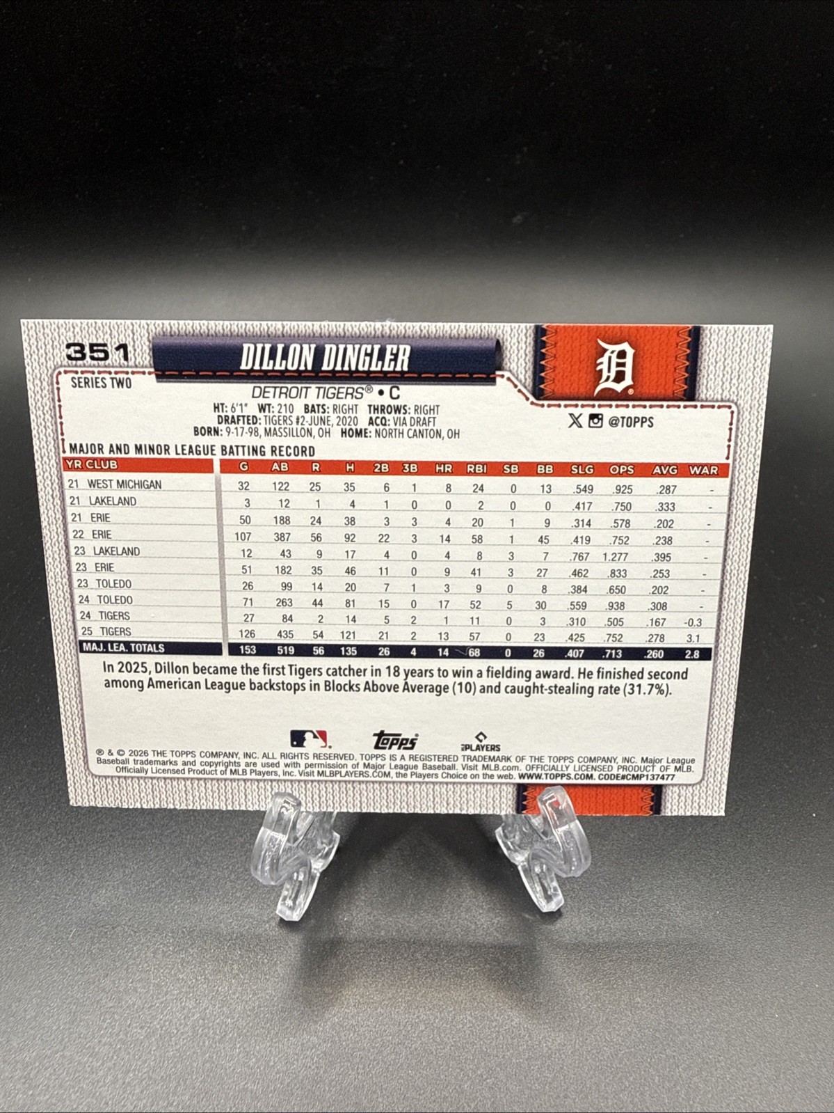 2026 Topps Series 2 – Dillon Dingler – Diamante Foil #351 (Detroit Tigers)