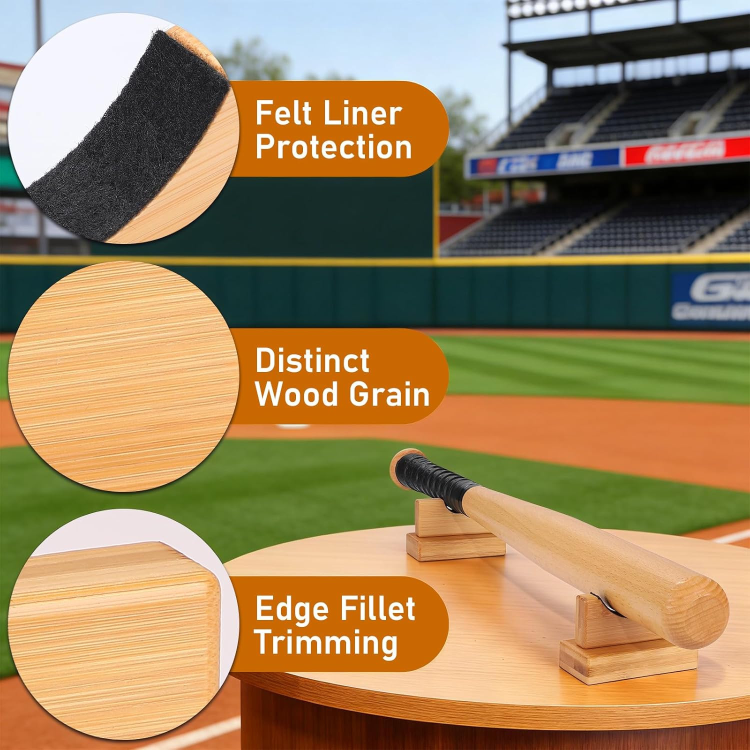 Baseball Bat Display Case – 2PCS Sturdy Stand, Horizontal Rack, Burlywood