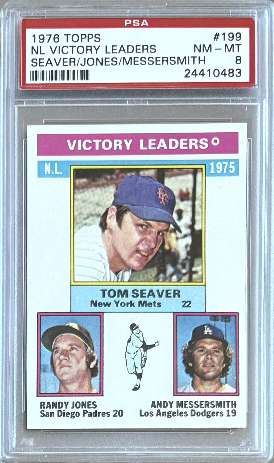 1976 TOPPS #199 TOM SEAVER/JONES/MESSERSMITH PSA 8 NM-MT VICTORY LEADERS