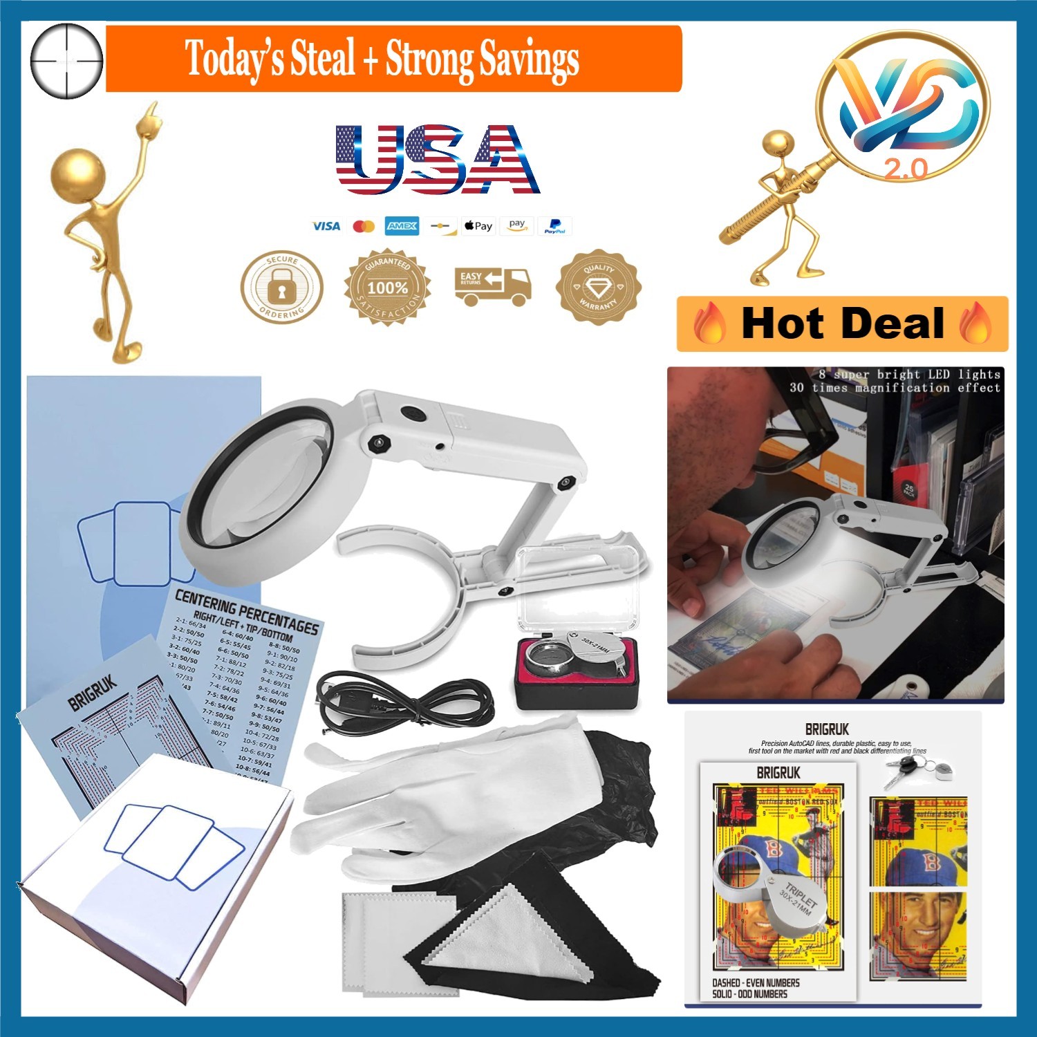 Sports Card Grading Kit LED Magnifying Table Lamp Microfiber Cloth Set