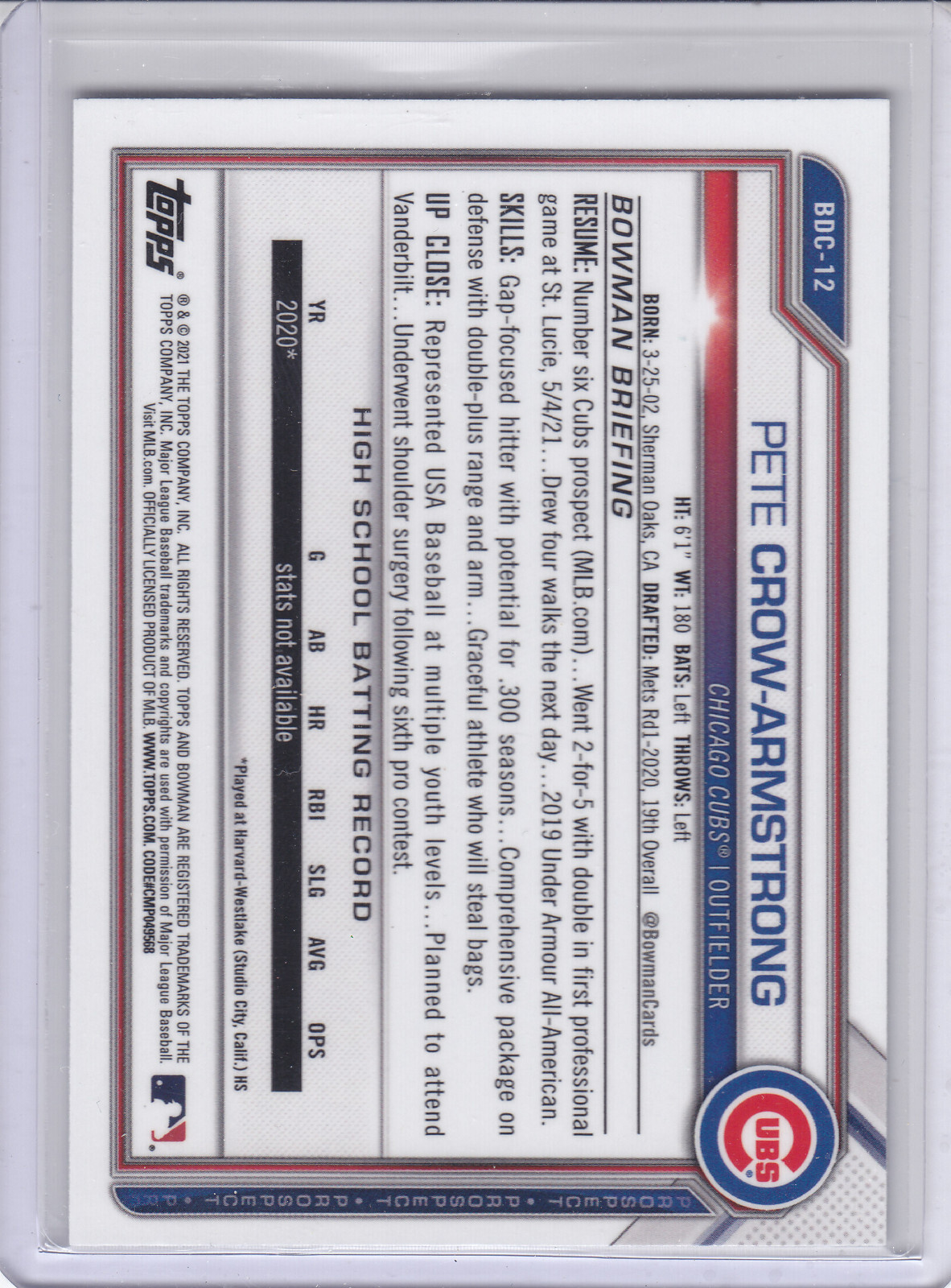 2021 Bowman Draft Prospects CHROME PETE CROW ARMSTRONG First Cubs Uniform BDC-12