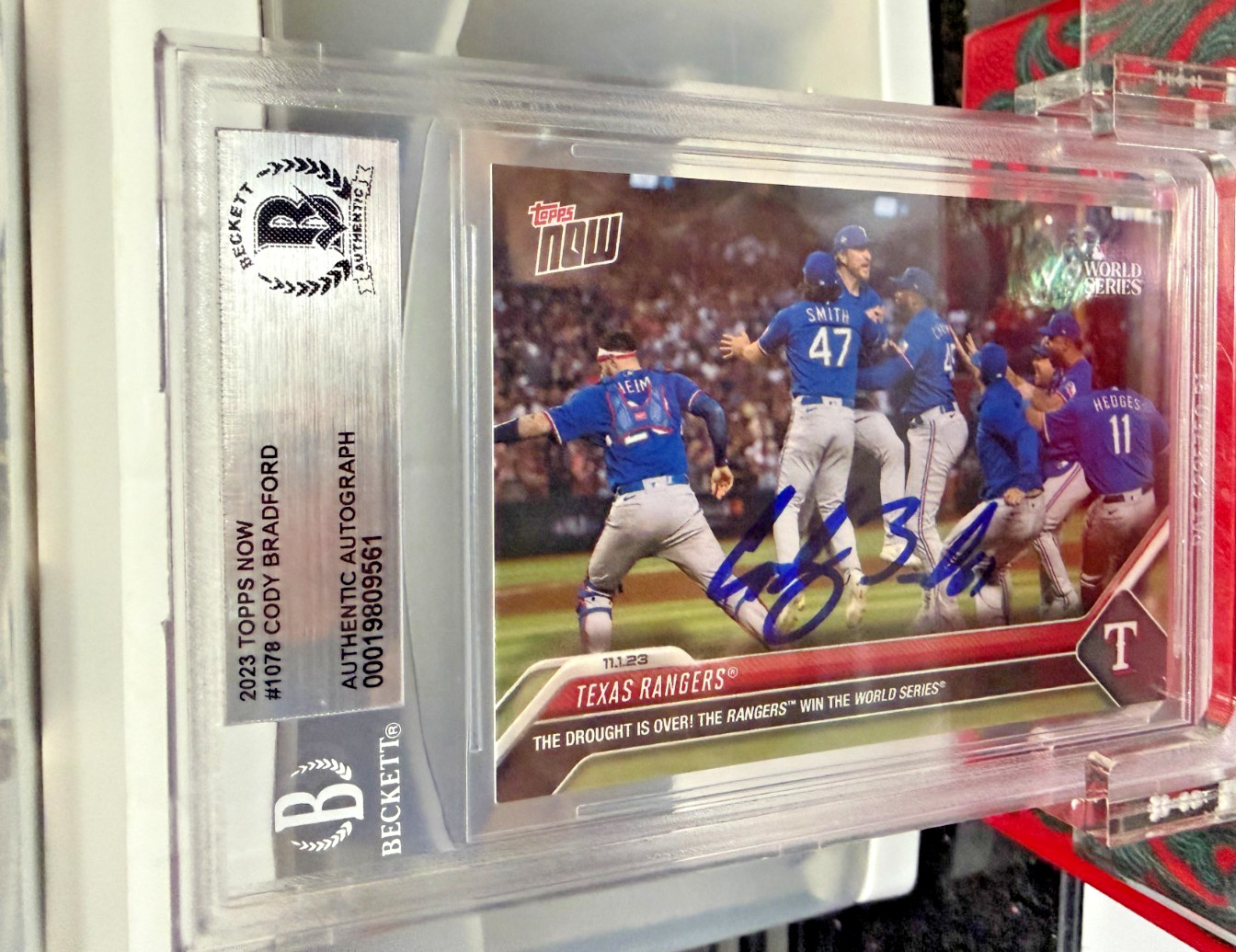 TX Rangers Win First World Series 2023 Topps Now 1078 Cody Bradford Auto BAS COA