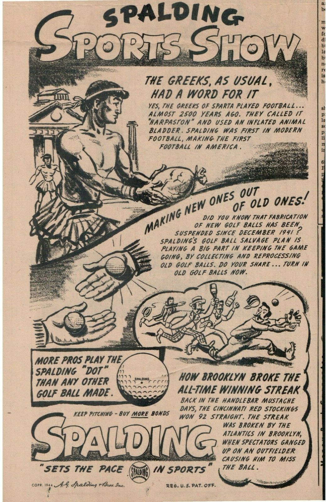 1944 “Spalding Sports Show” WWII “Sets the Pace in Sports” clip ad10.5×6.5” 0C24