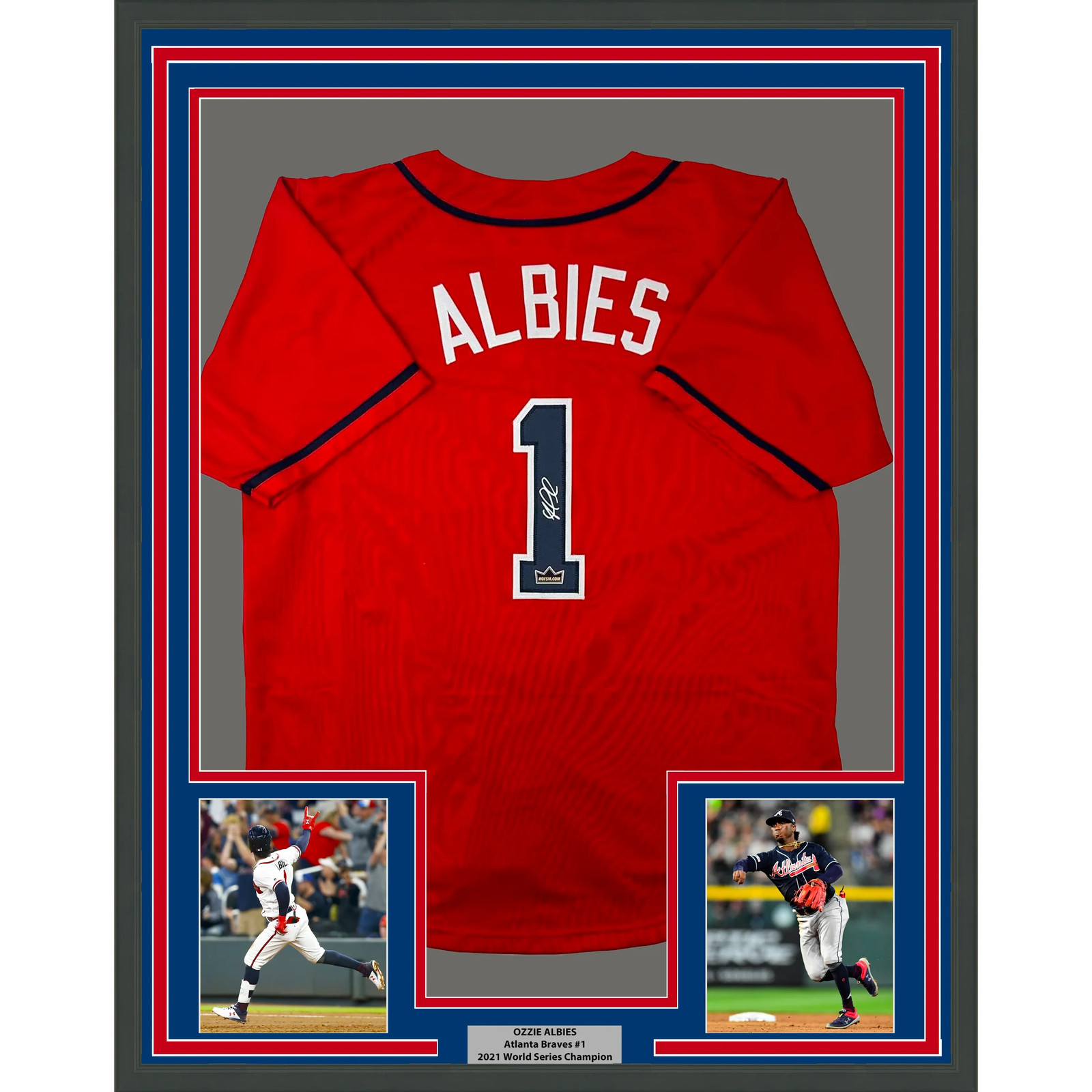Framed Facsimile Autographed Ozzie Albies 33×42 Red Reprint Laser Auto Jersey