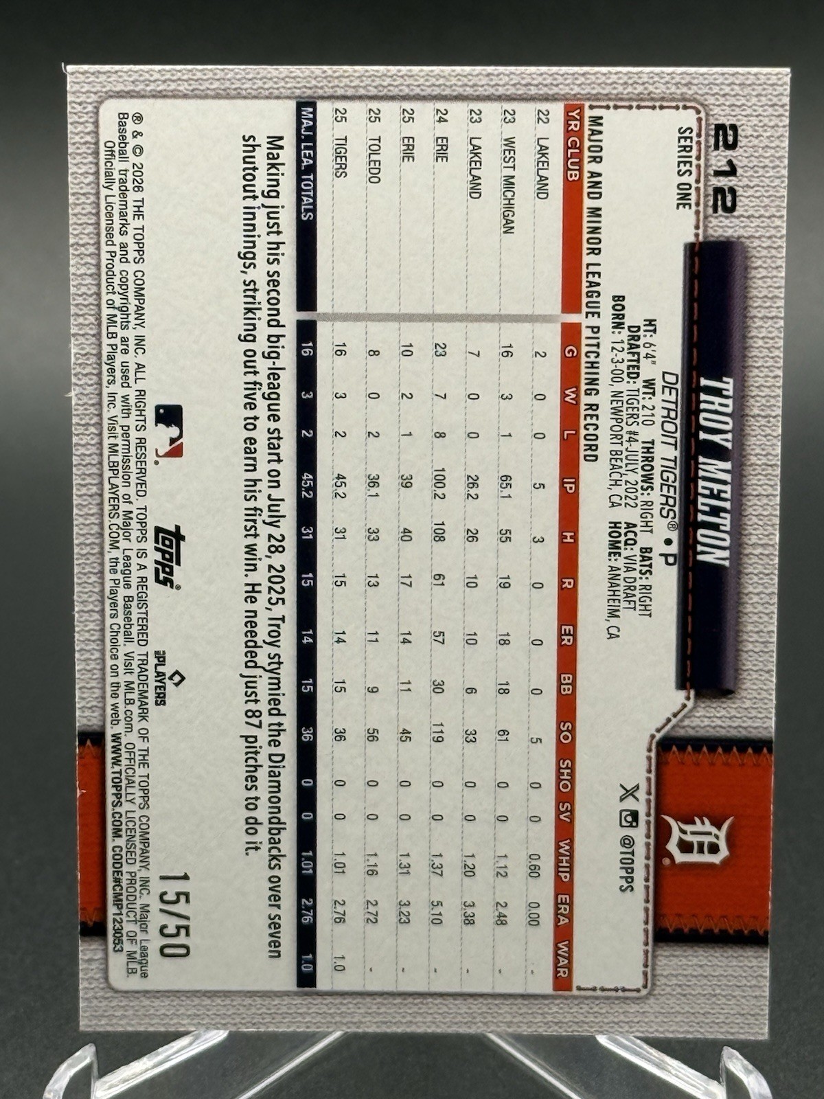 2026 Topps TROY MELTON Canvas Parallel /50 #212 (RC) – Tigers