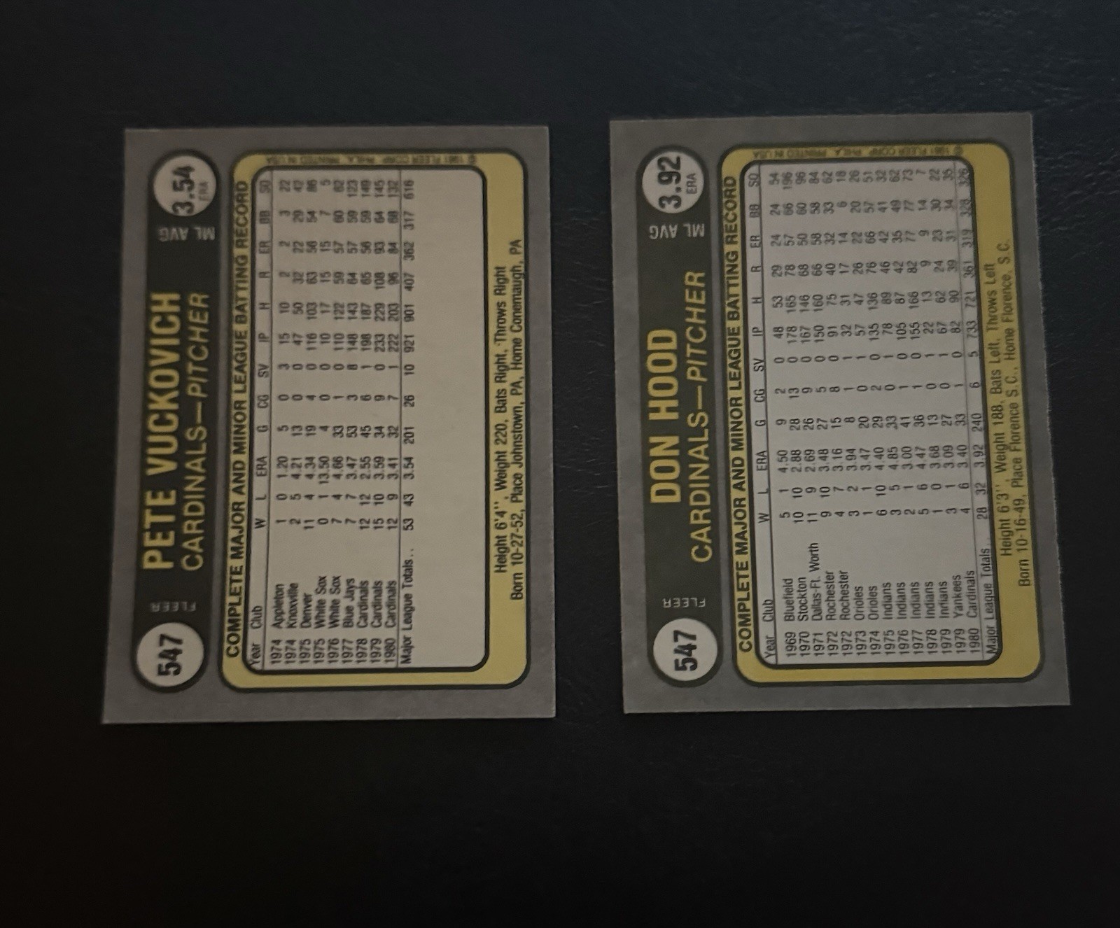 (2) 1981 Fleer Error + Correct Card Don Hood St. Louis Cardinals # 547 NMT