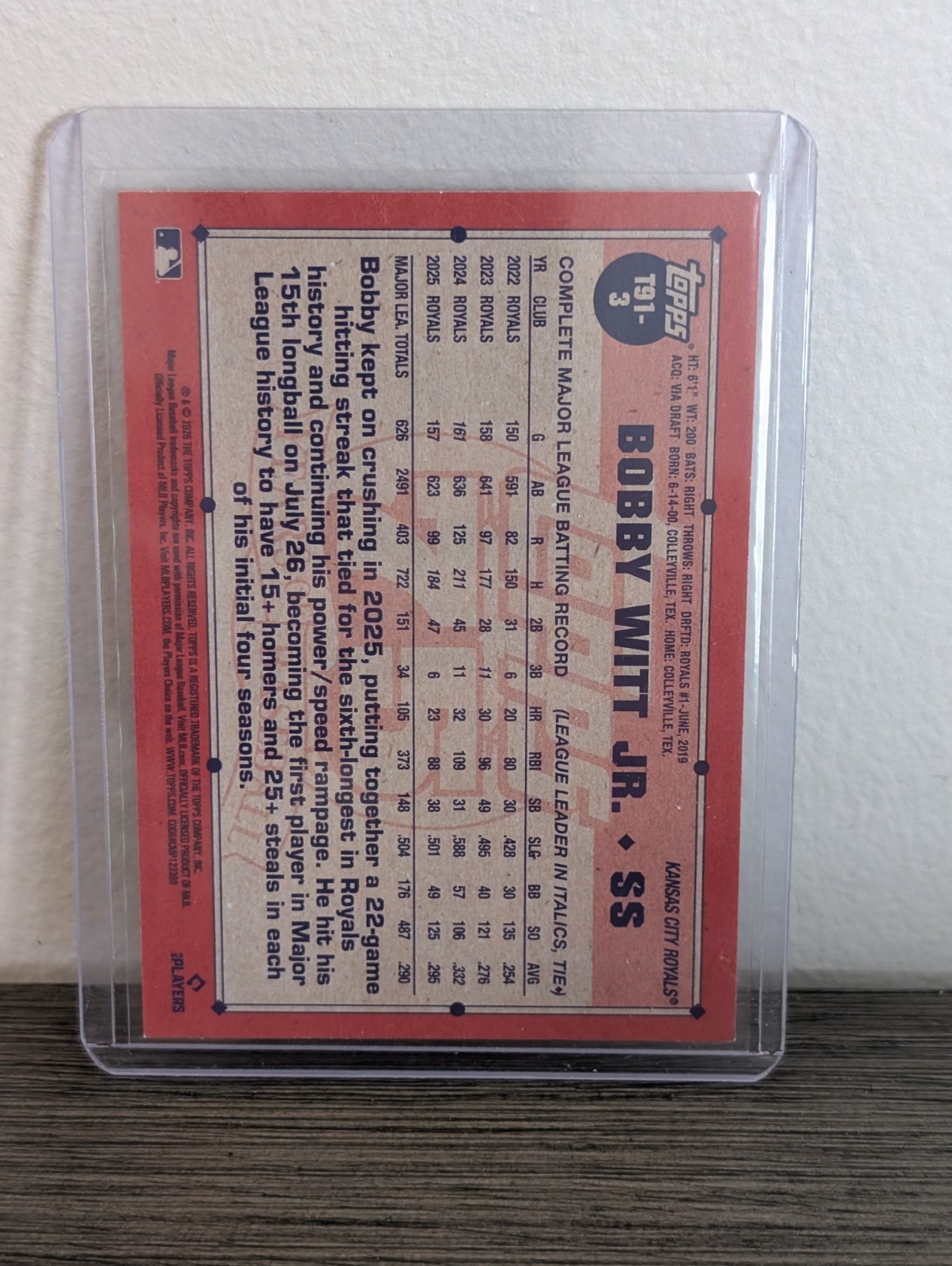 2026 Topps Series 1 Bobby Witt Jr. #T91-3 Pink Crackle Foil 1991 Style Royals
