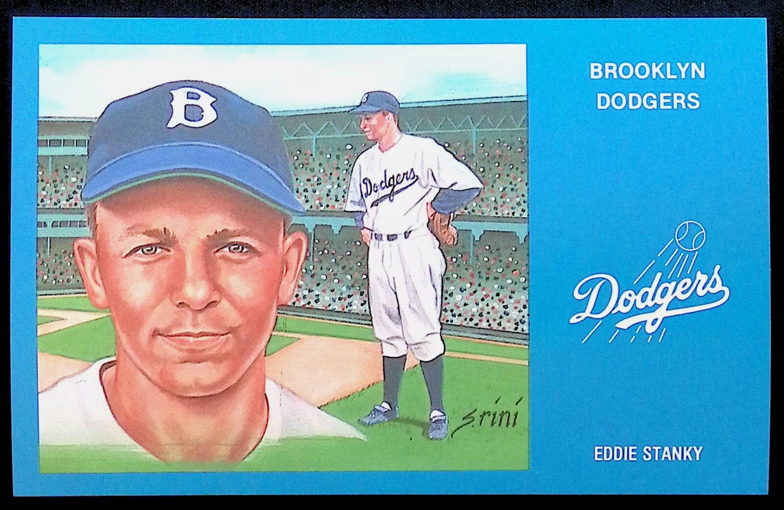 1991 SUSAN RINI POSTCARD ~ EDDIE STANKY #3 ~ BROOKLYN DODGERS ~ HISTORIC LIM/ED