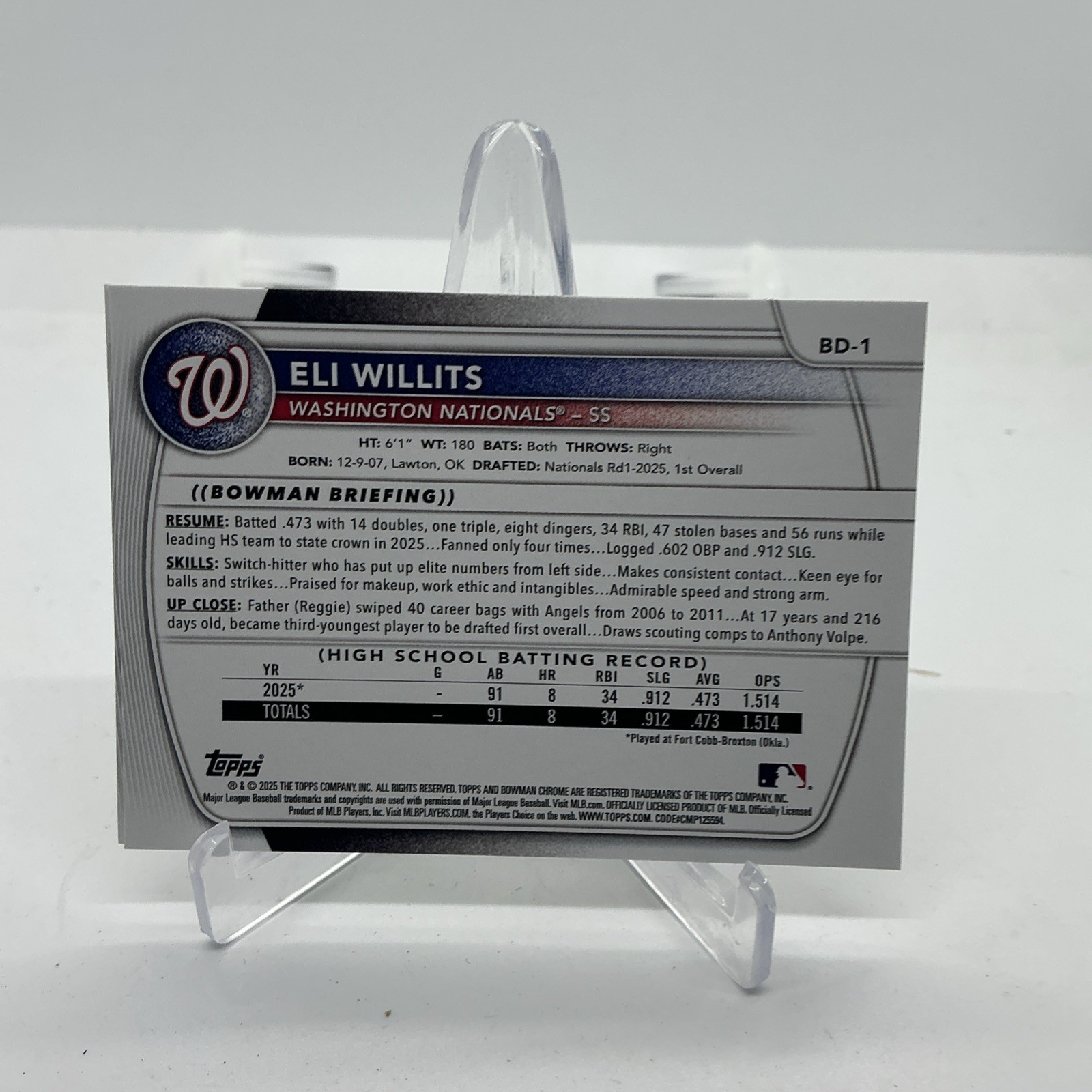 2025 Bowman Draft Paper #BD-1 Eli Willits 1st Bowman Washington Nationals