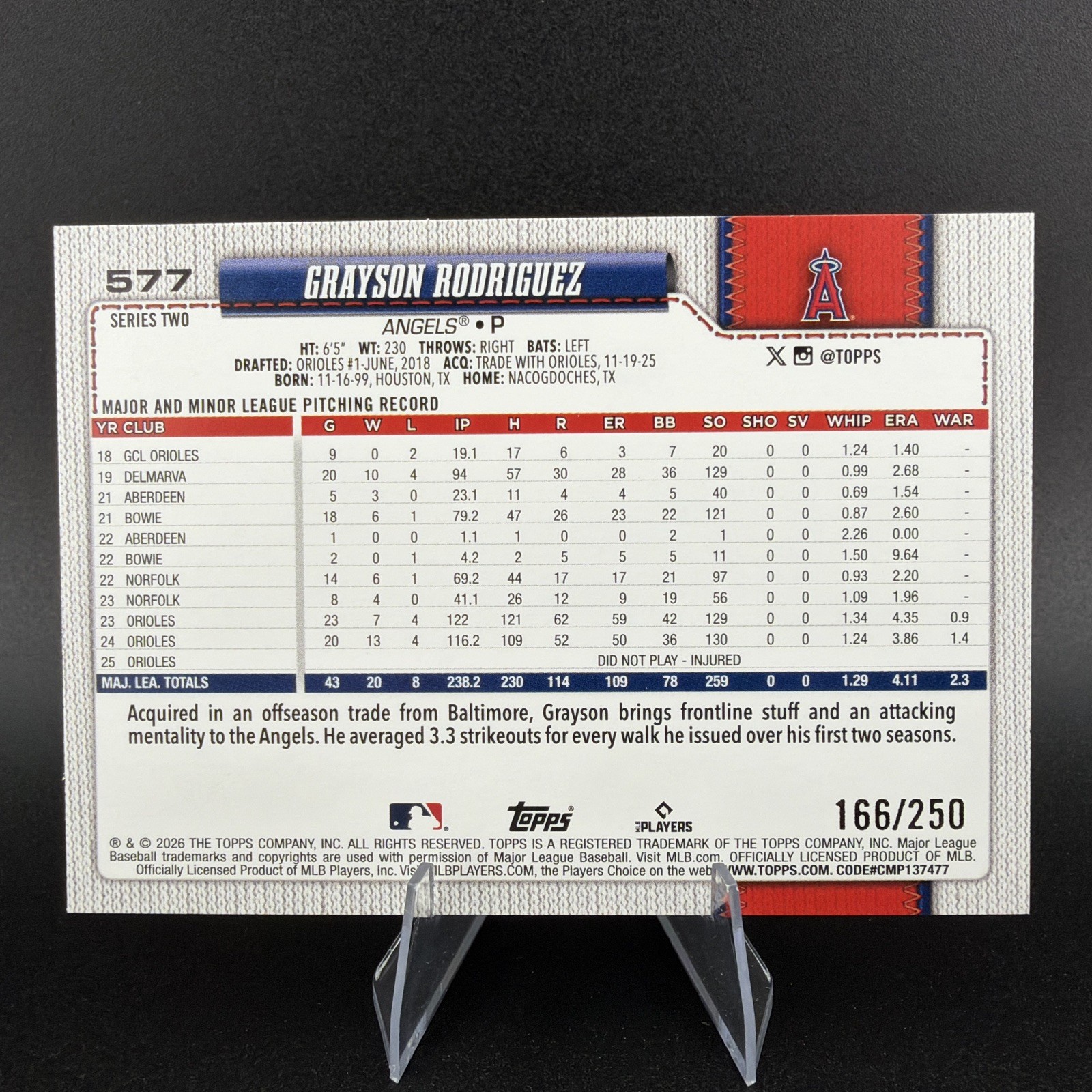 2026 Topps Series 2 Grayson Rodriguez #577 Purple Foil /250 LA Angels