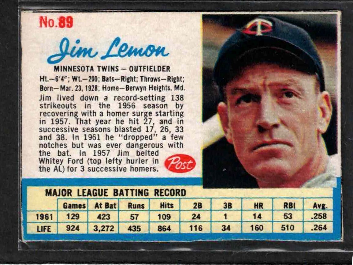 1962 Post #89, Jim Lemon, Minnesota Twins, EX