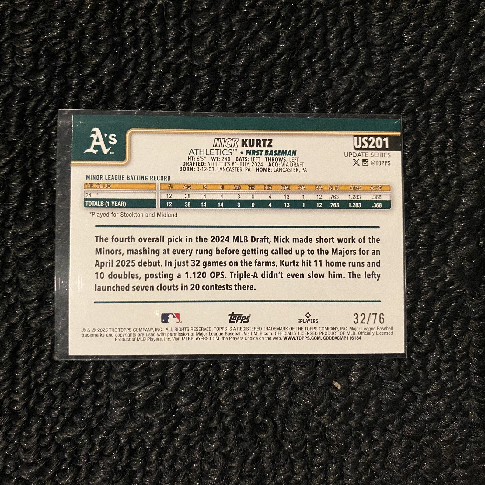 2025 Topps Update Series – Nick Kurtz #US201 Independence Day /76 (RC) ROY SP
