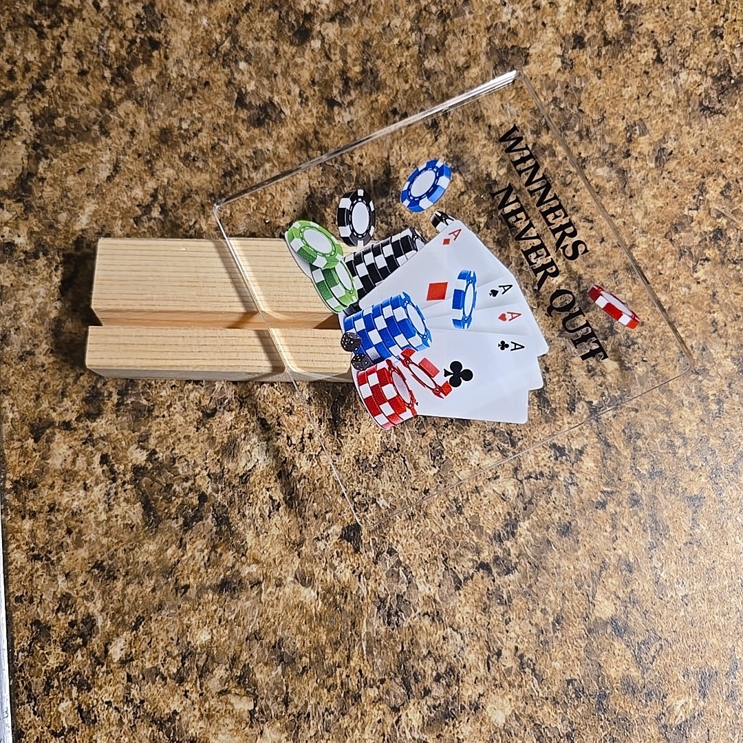 Winners Never Quit Poker Trophy With wooden Stand Winner Acrylic Clear Minicards