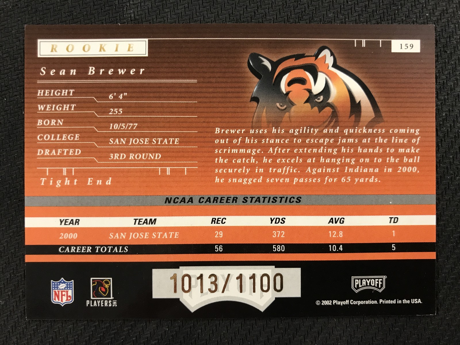 2001 Playoff Preferred #159 Sean Brewer /1100 Cincinnati Bengals