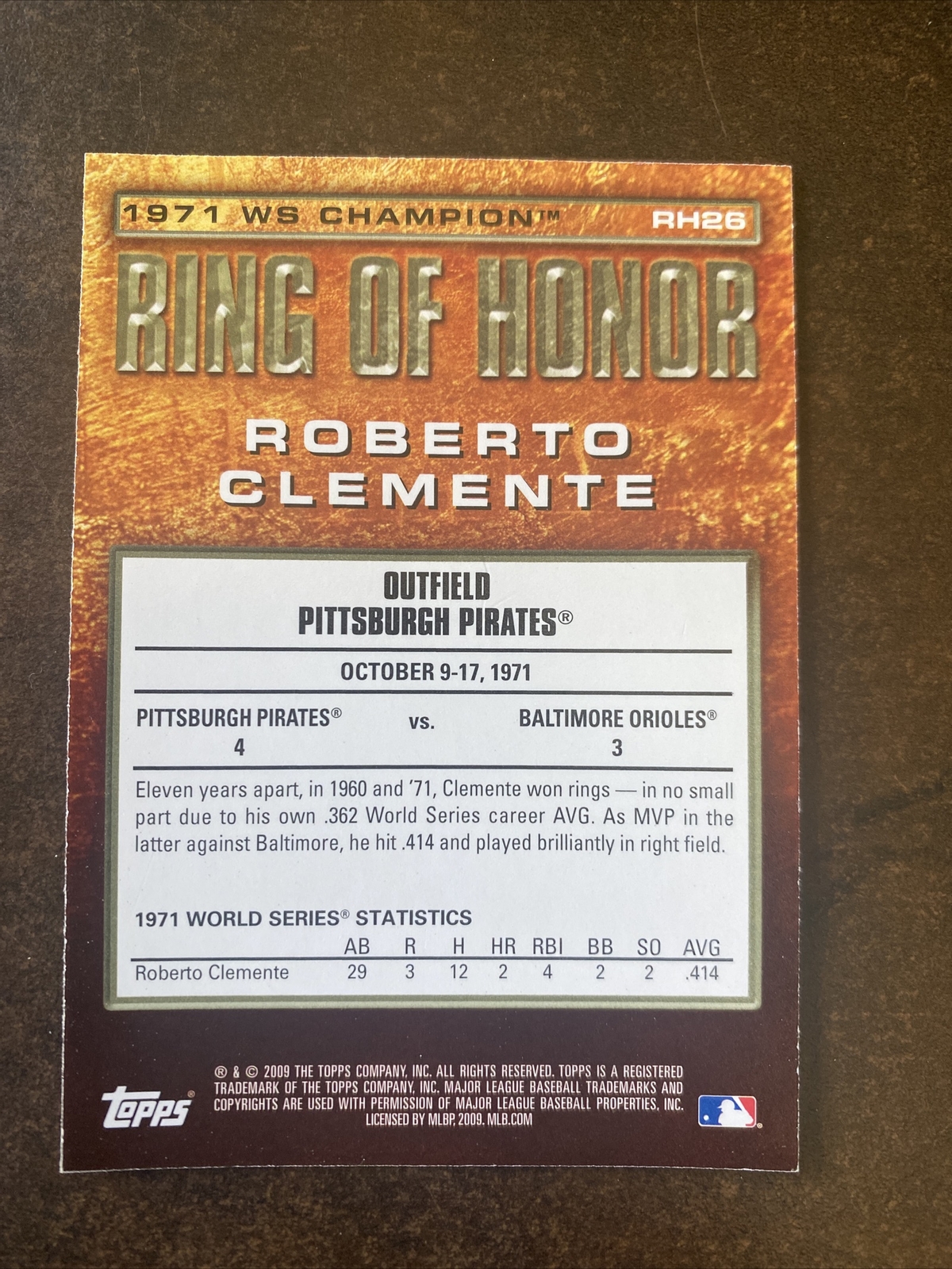 Roberto Clemente Pittsburgh Pirates 2009 Topps Ring of Honor RH26
