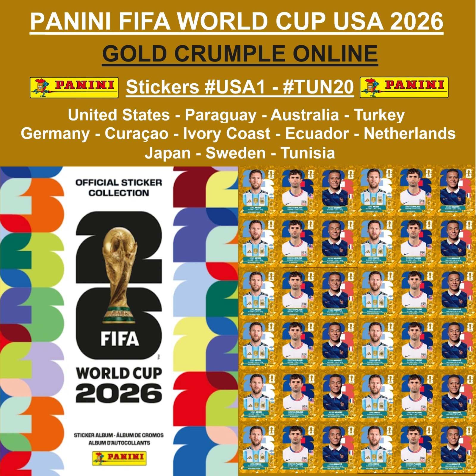 GOLD CRUMPLE Panini FIFA World Cup 2026 Stickers #USA1 – #TUN20