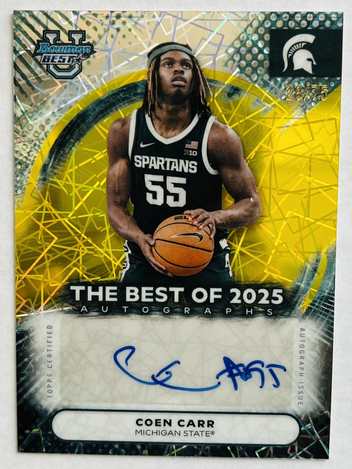 2025-26 Bowman U Best COEN CARR Best Of 2025 Yellow Laser Refractor Auto /75🔥🔥