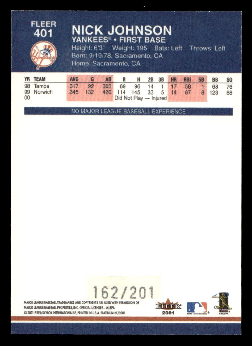 2001 FLEER PLATINUM EDITION FOIL PARALLEL #401 NICK JOHNSON YANKEES RC SP #/201