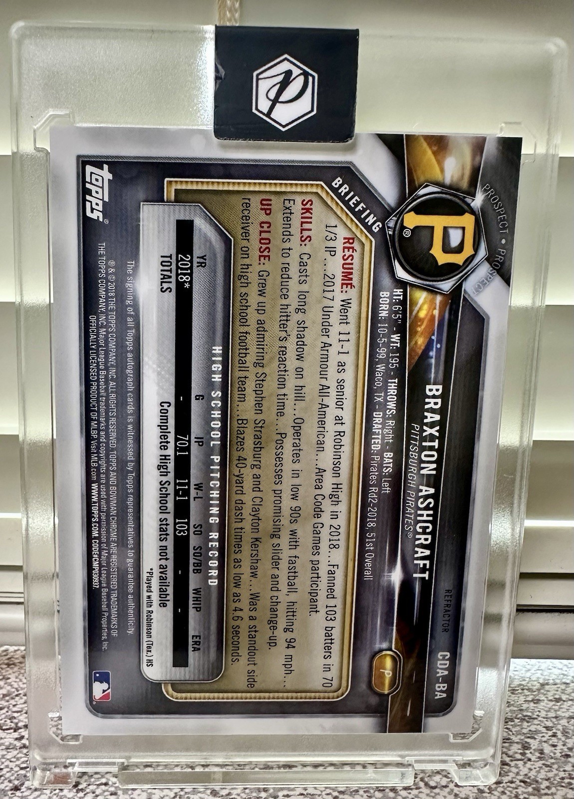 2018 1st Bowman Chrome Braxton Ashcraft Refractor Auto 350/499 RC Pirates