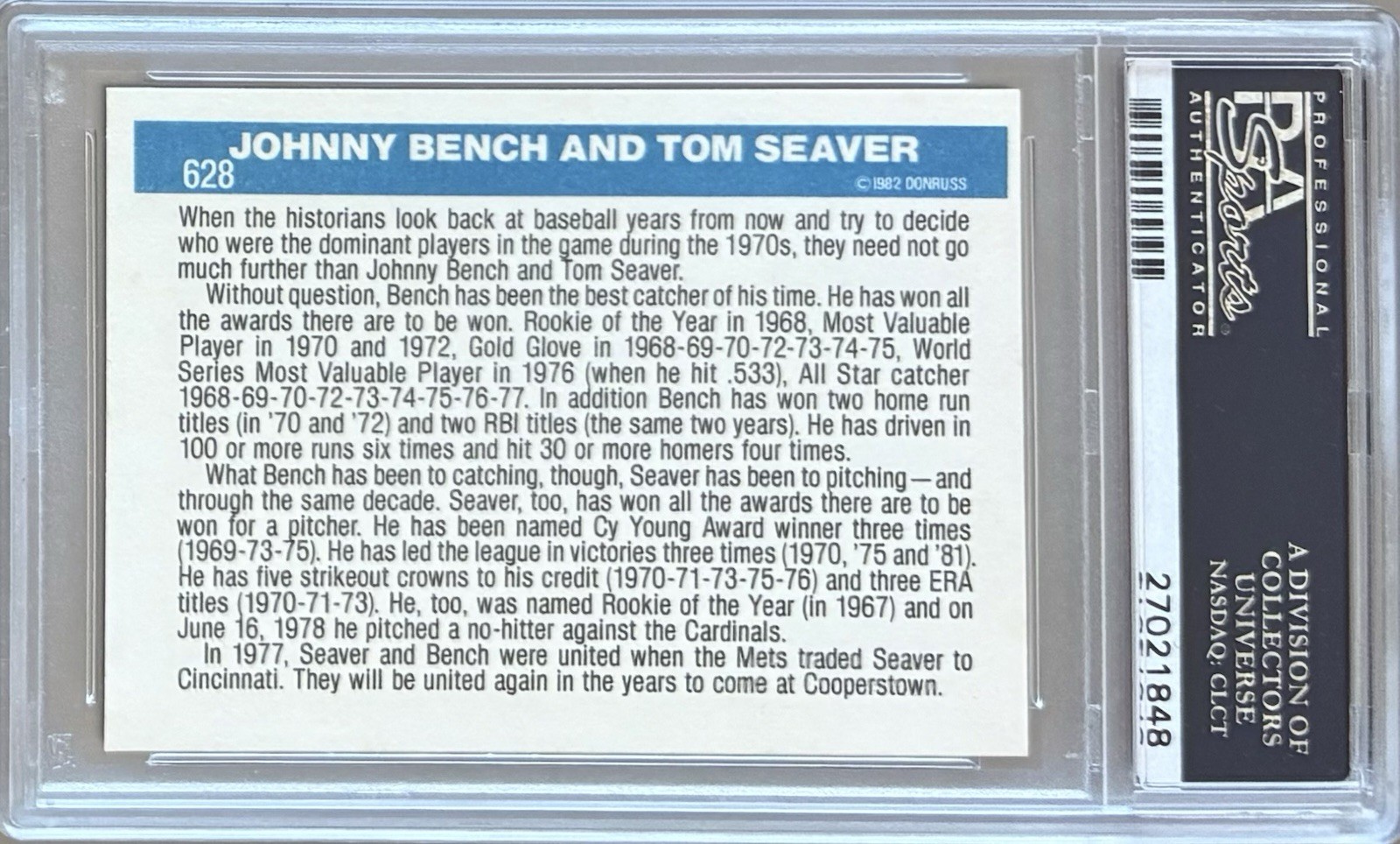1982 DONRUSS #628 JOHNNY BENCH/TOM SEAVER HOF PSA 10 GEM MT ** PRIDE OF THE REDS