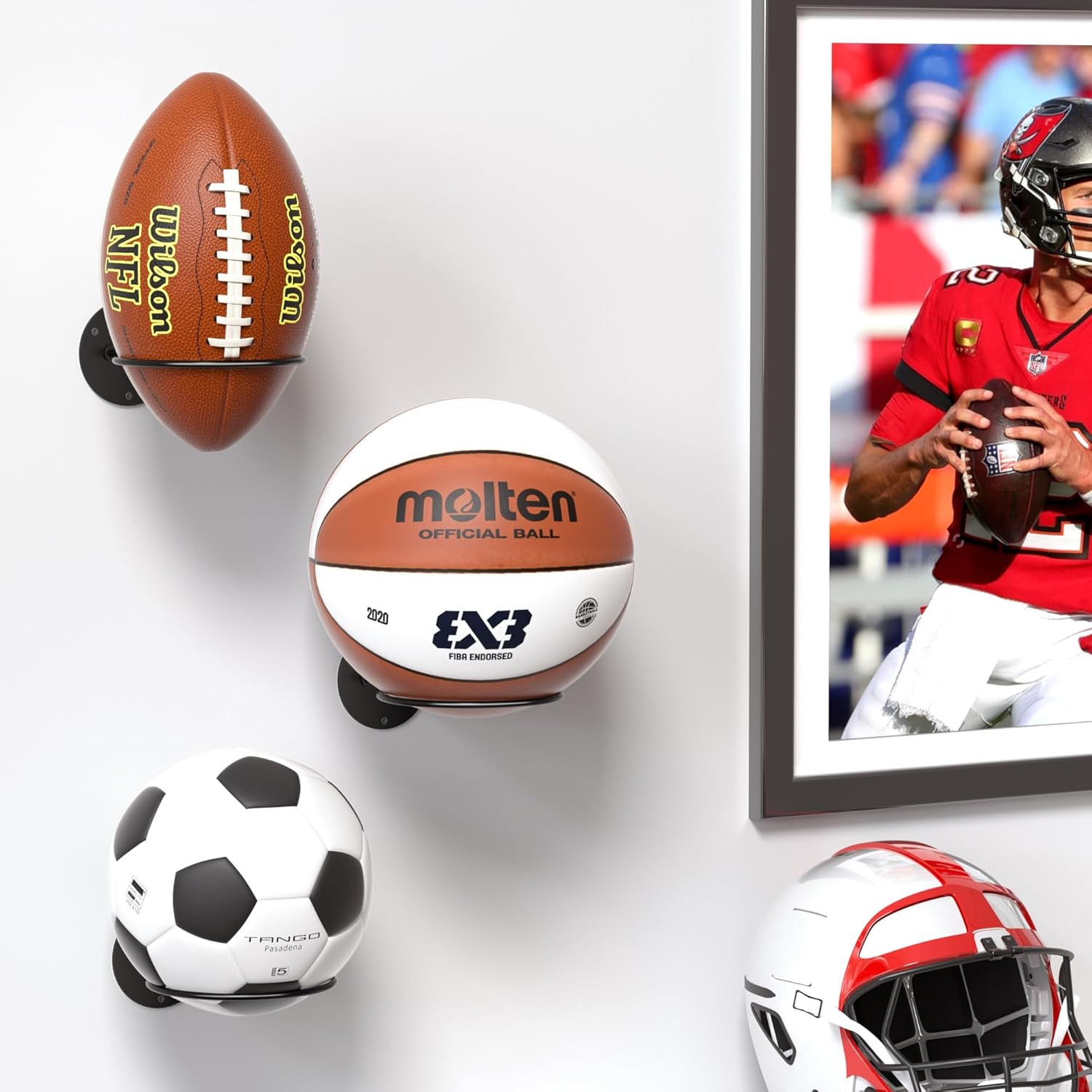Ball Storage Holder Wall Mount: Black Room Decor for Basketball, Rugby, Soccer,