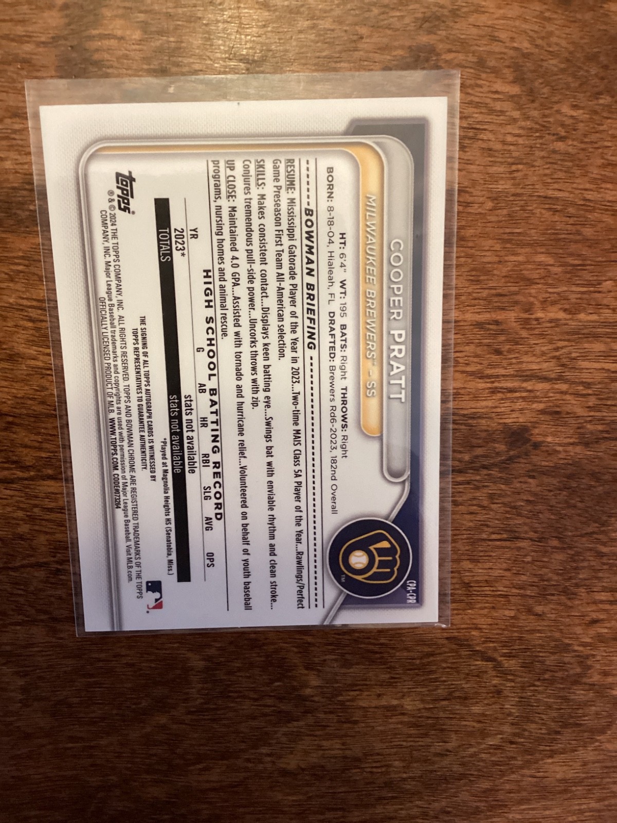 2024 Bowman – Chrome Prospect Autographs Cooper Pratt #CPA-CPR (AU, RC)
