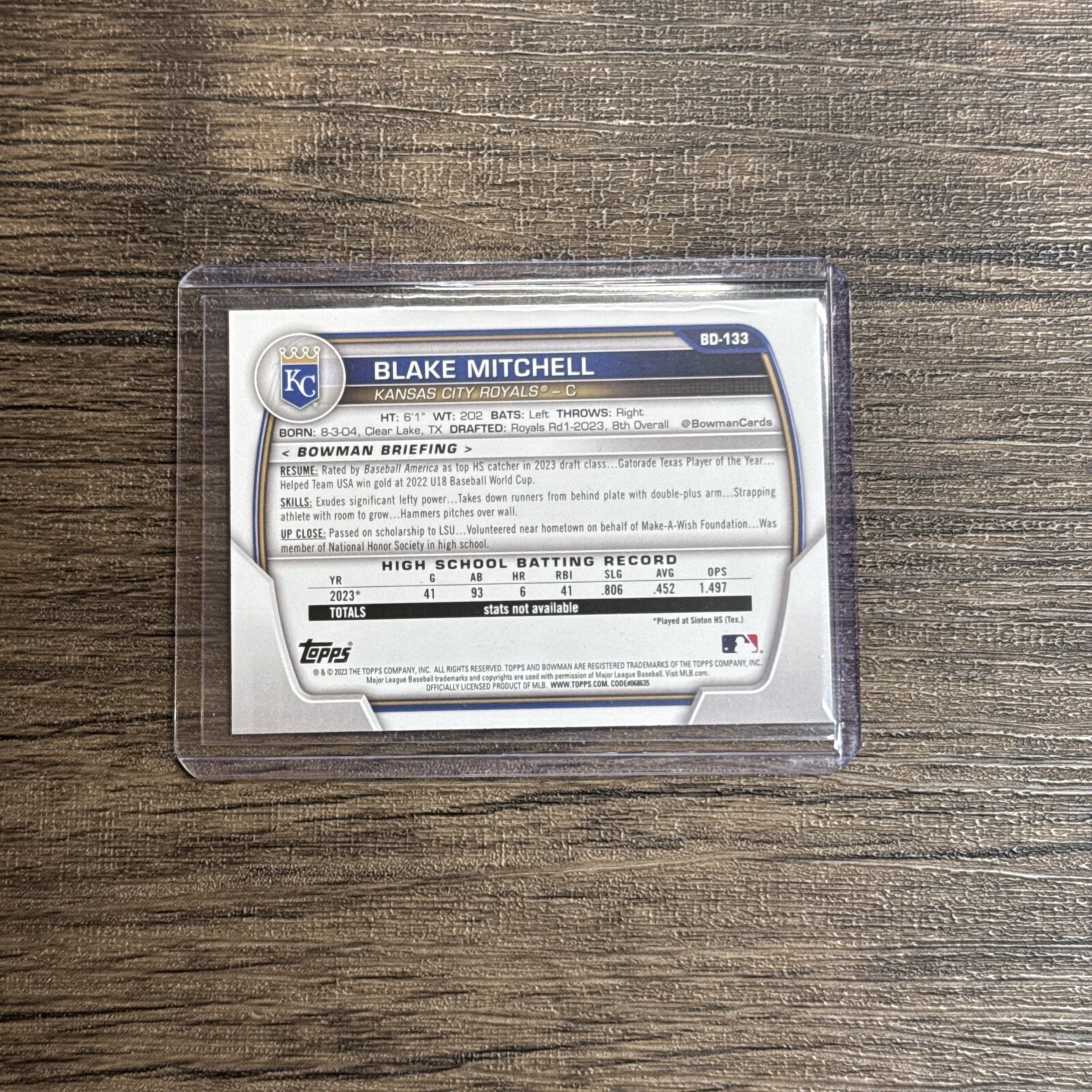 2023 Bowman Draft BLAKE MITCHELL 1ST BOWMAN #BD-133 Royals