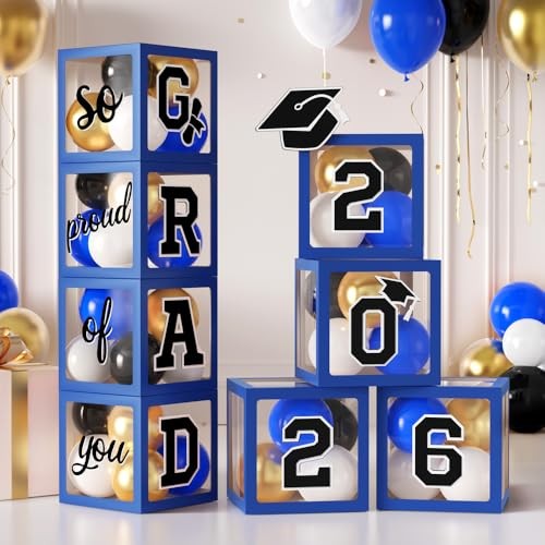 2026 Graduation Balloon Box, 4pcs Transparent Boxes with Letters “2026 Blue