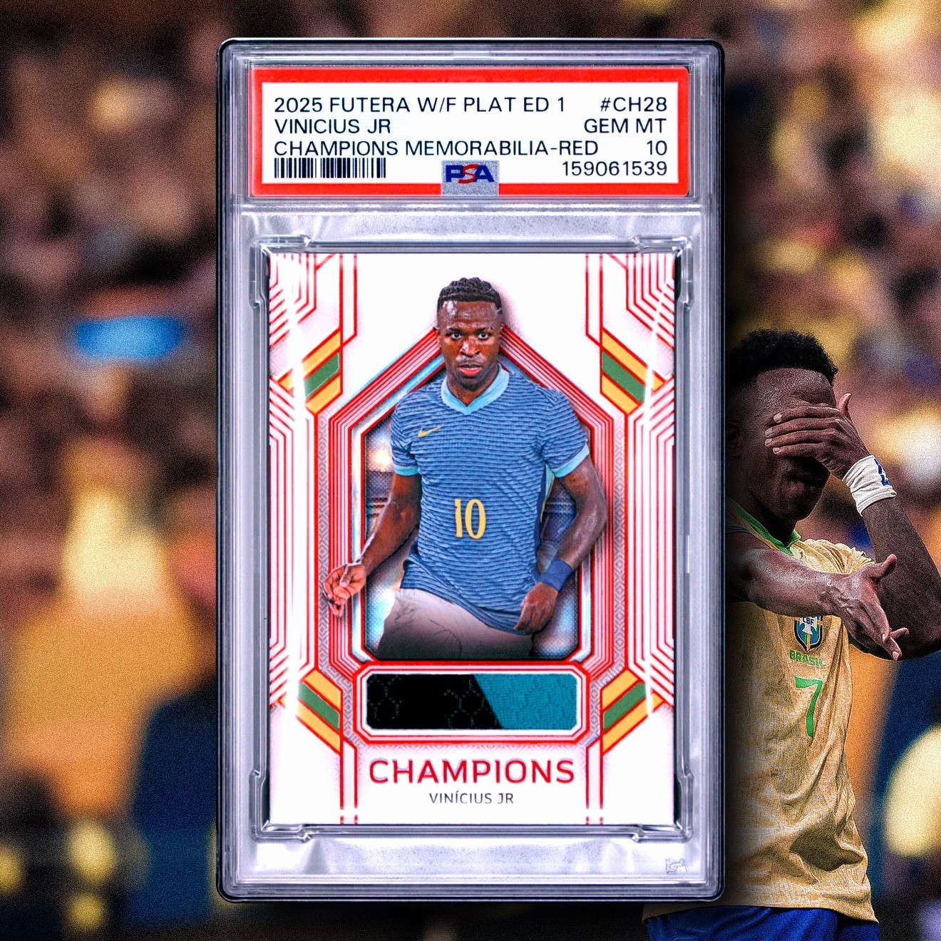VINICIUS JR RED 6/6 REAL MADRID PATCH ⚽🔥 2025 FUTERA PLATINUM CHAMPIONS PSA 10