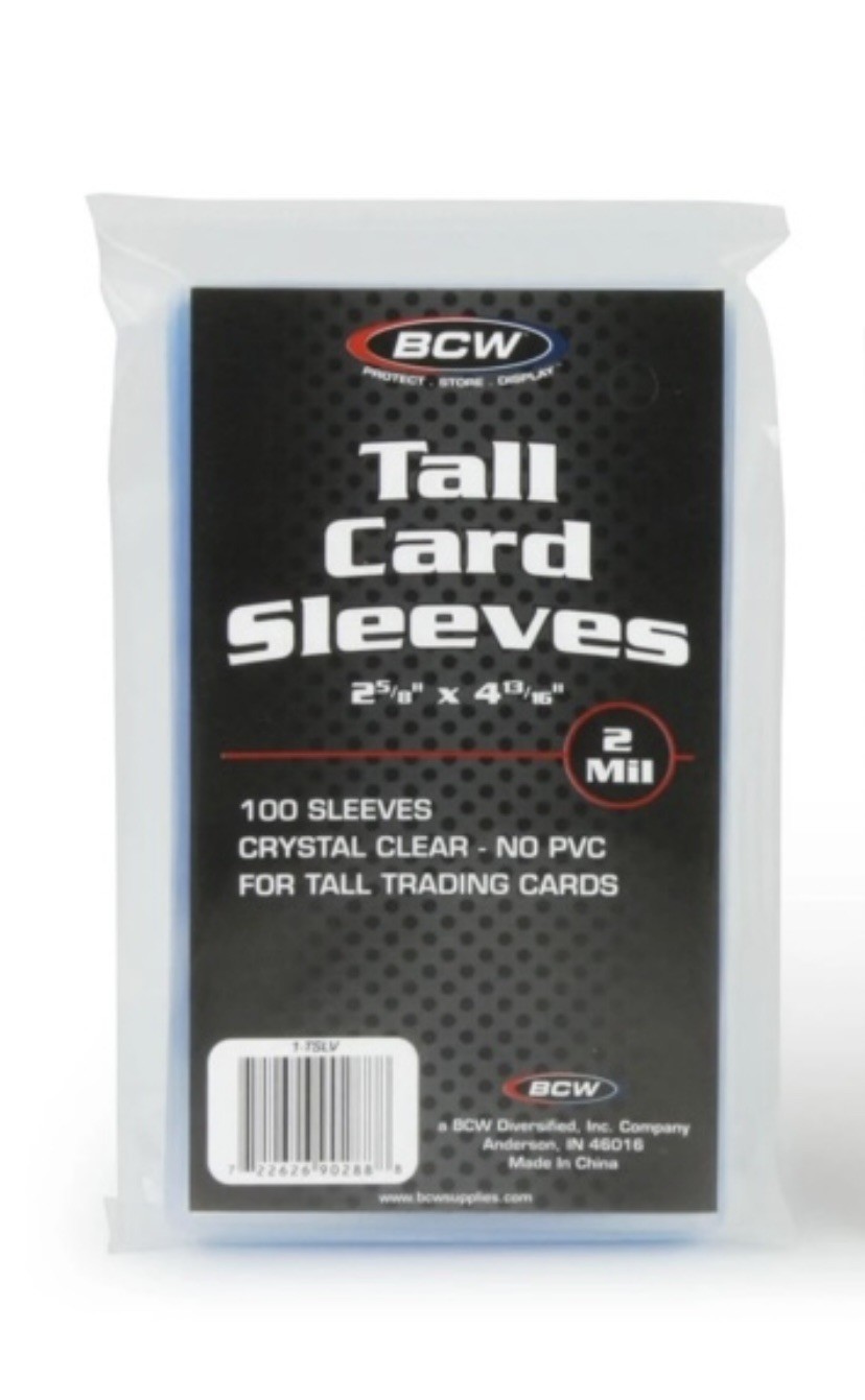 (1) One BCW Tall Card Sleeve. 2 5/8” x 4 13/16” Tall Card Size.