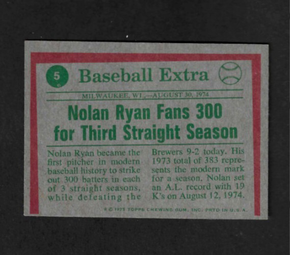 NOLAN RYAN – 1975 Topps Baseball – “74 Highlights (#5) – Angles S704