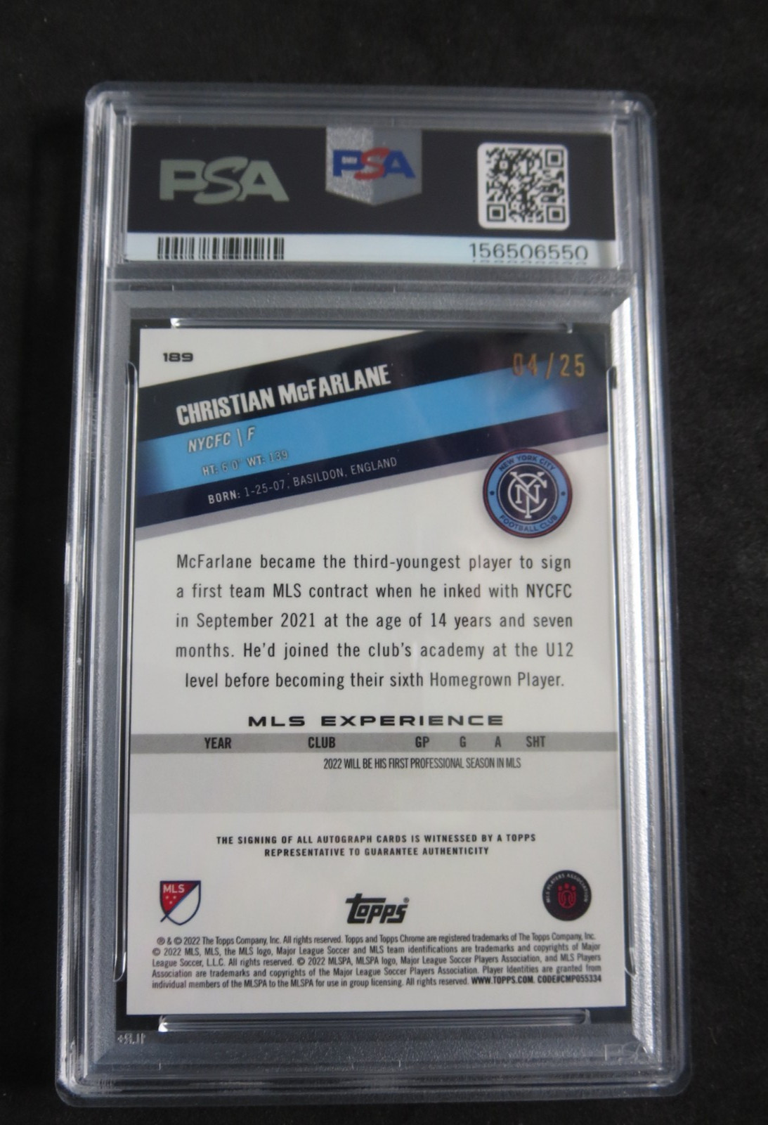 2022 Topps Chrome Christian McFarlane #189 Orange Refractor Auto 8/25 RC PSA 8 E