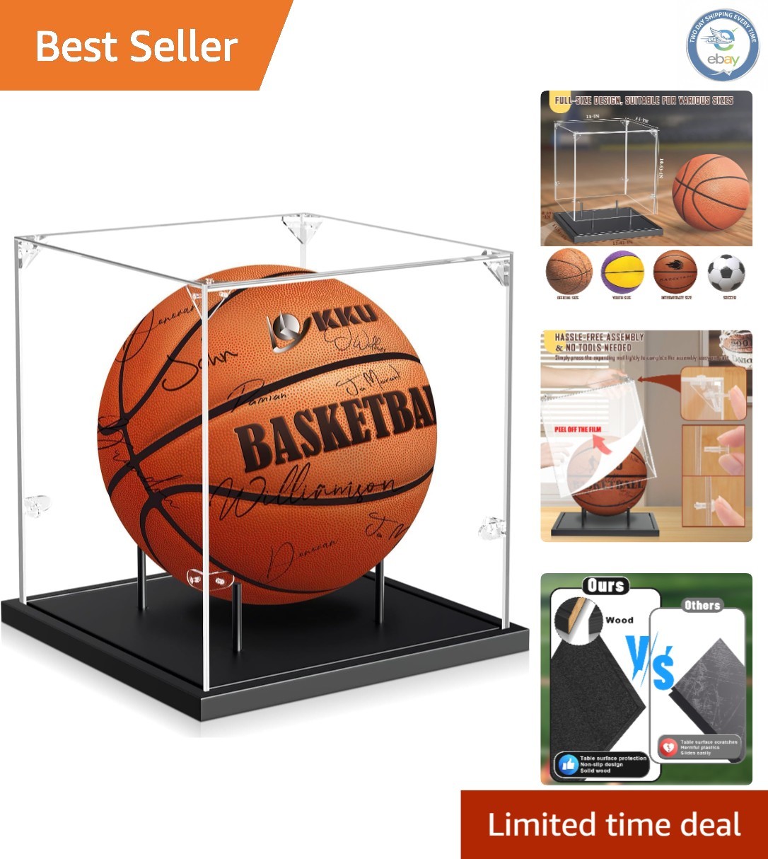 Tabletop Basketball Display Case: Black Acrylic with Wooden Base – Quick Setup