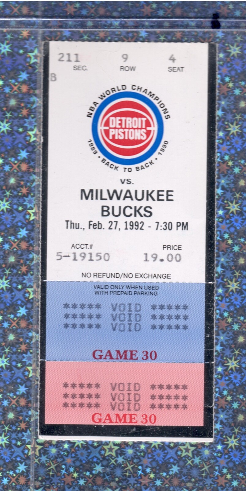 Dennis Rodman 22rb 16pt 2-27-1992 Ticket Stub Bucks Pistons Joe Dumars 27 pts