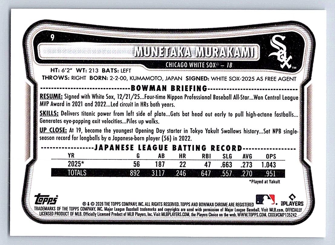 MUNETAKA MURAKAMI WHITE SOX RC 2026 BOWMAN #9