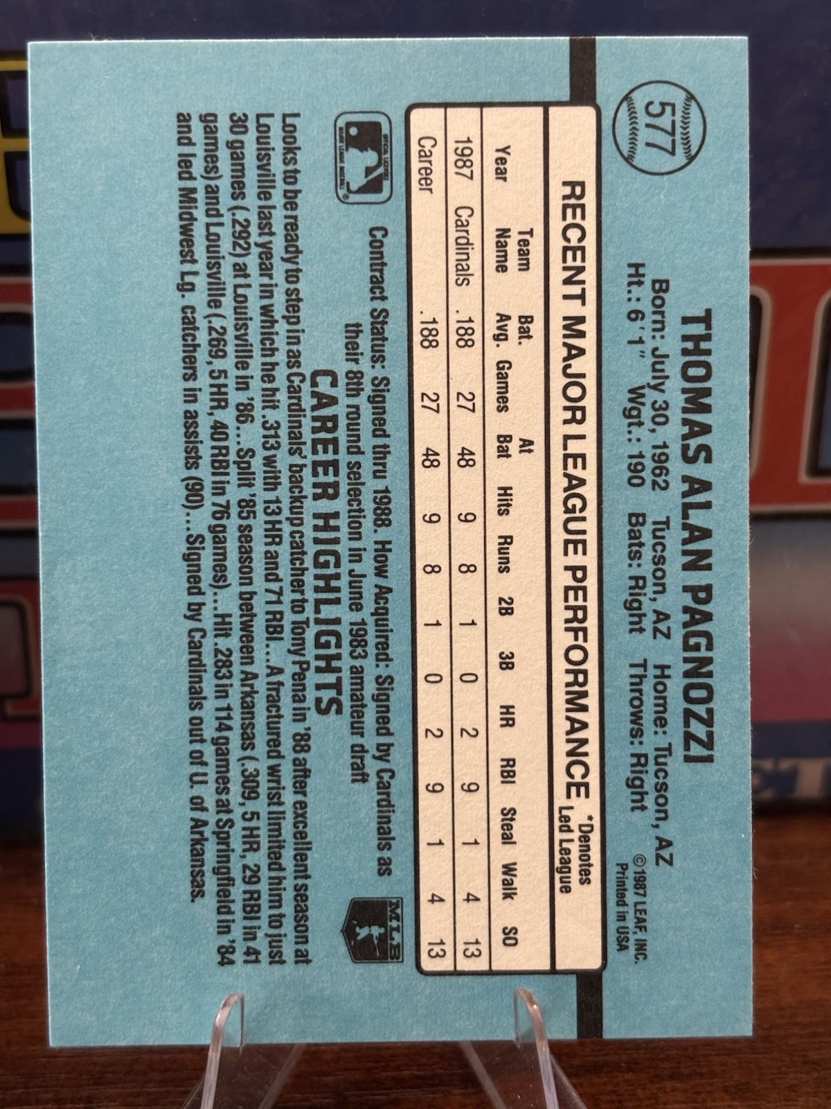1988 Donruss – Tom Pagnozzi #577 Solid Blue Upper Left Corner (RC)