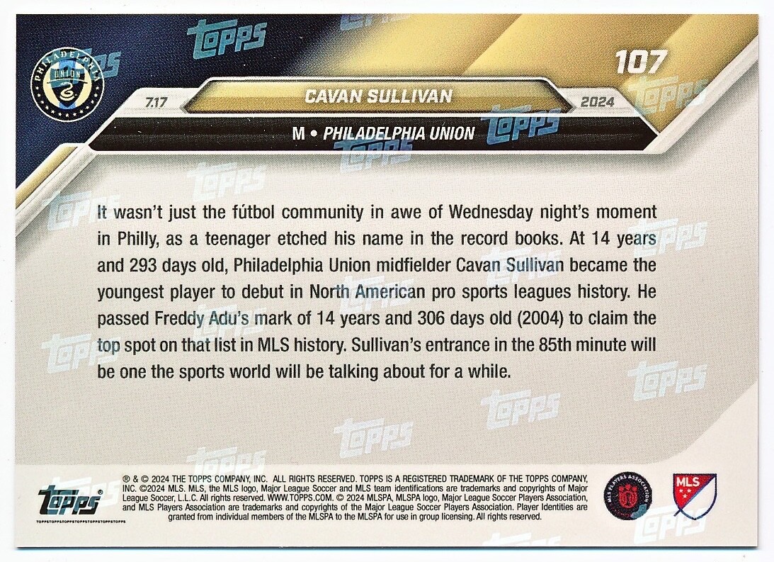 2024 Topps Now MLS Cavan Sullivan Youngest American Sports Debut Rc #107 – QTY