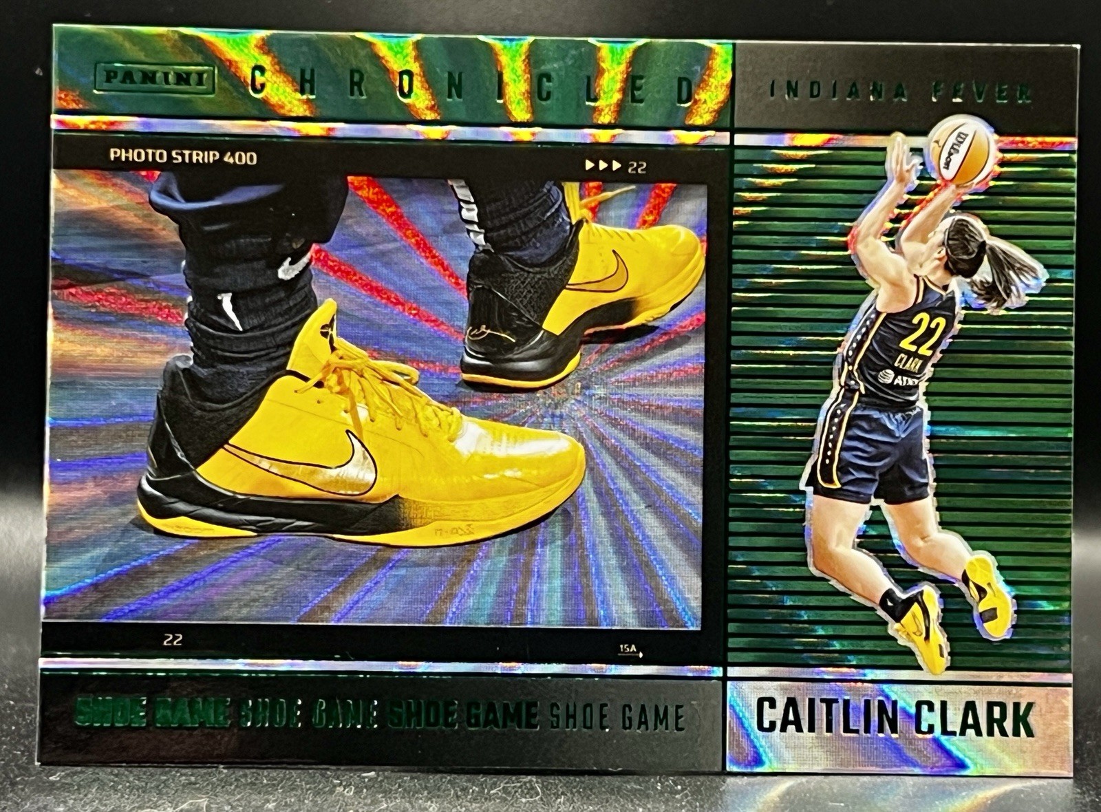 2025 Panini Caitlin Clark Chronicled Shoe Game #76 Green Laser Holo WNBA Fever