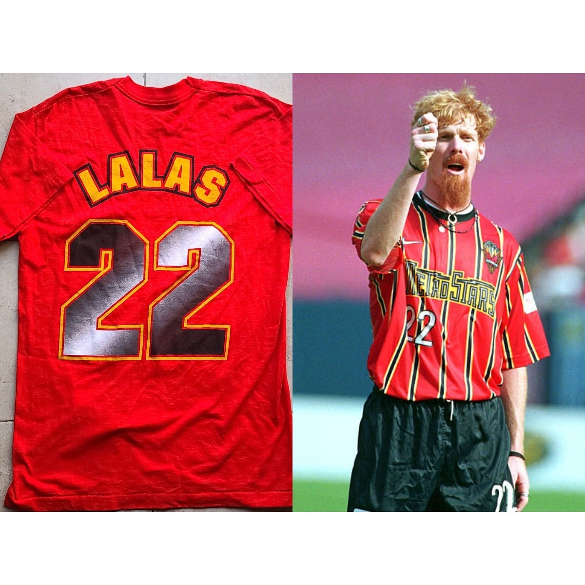 Alexi LALAS #22 NY NJ MetroStars 90s FRUIT T-shirt jersey L red MLS soccer vtg