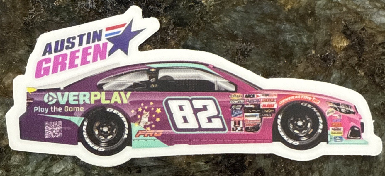 2025 NASCAR ARCA Series #82 Austin Green OVERPLAY Game 3 Inch x 1 Inch Sitcker