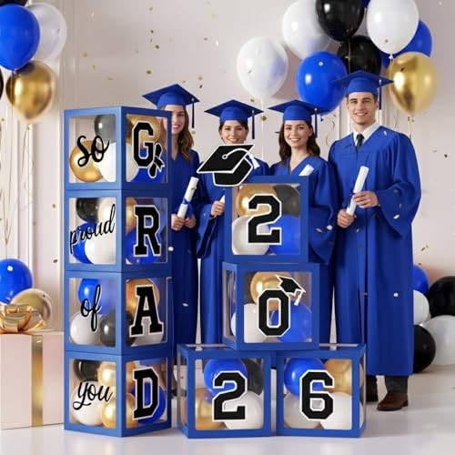 2026 Graduation Balloon Box, 4pcs Transparent Boxes with Letters “2026 Blue