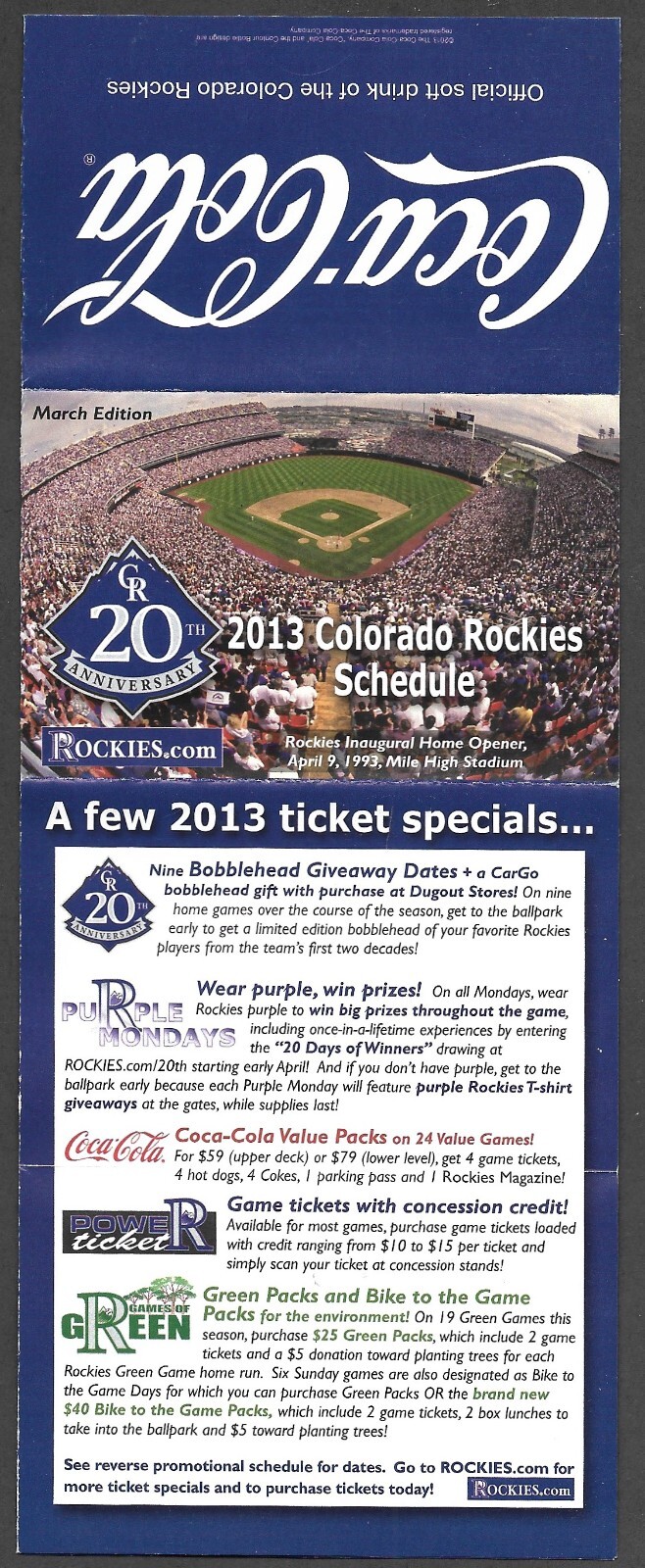 2013 March COLORADO ROCKIES Coke Regular Season POCKET SCHEDULE NM-MINT