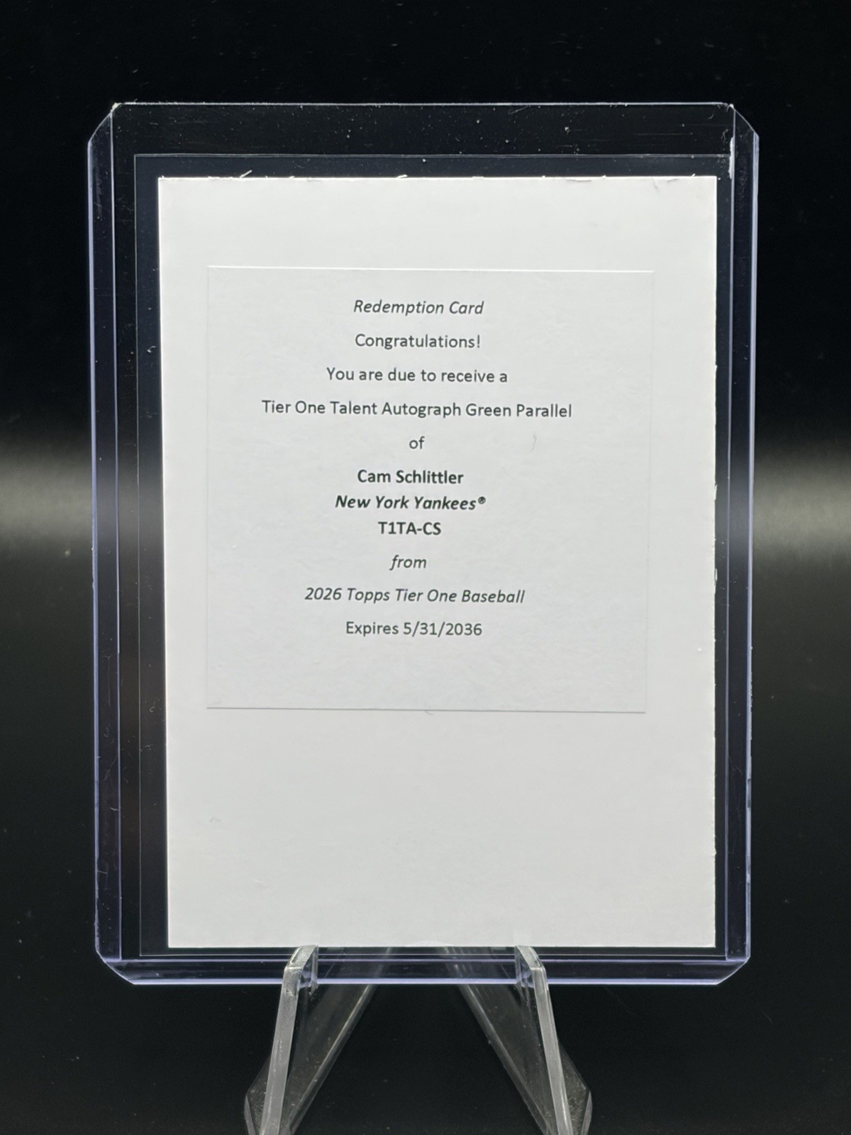 2026 Topps Tier One Cam Schlittler Tier One Talent RC Auto Green /49 Redemption