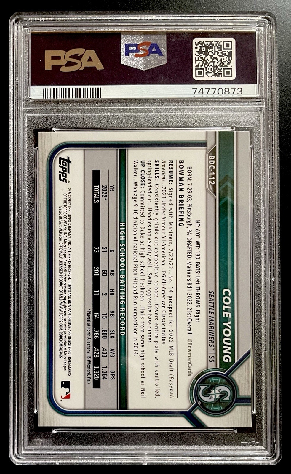 Cole Young 2022 Bowman Chrome Draft Sapphire Edition PSA 10 Rookie RC 1st BDC112
